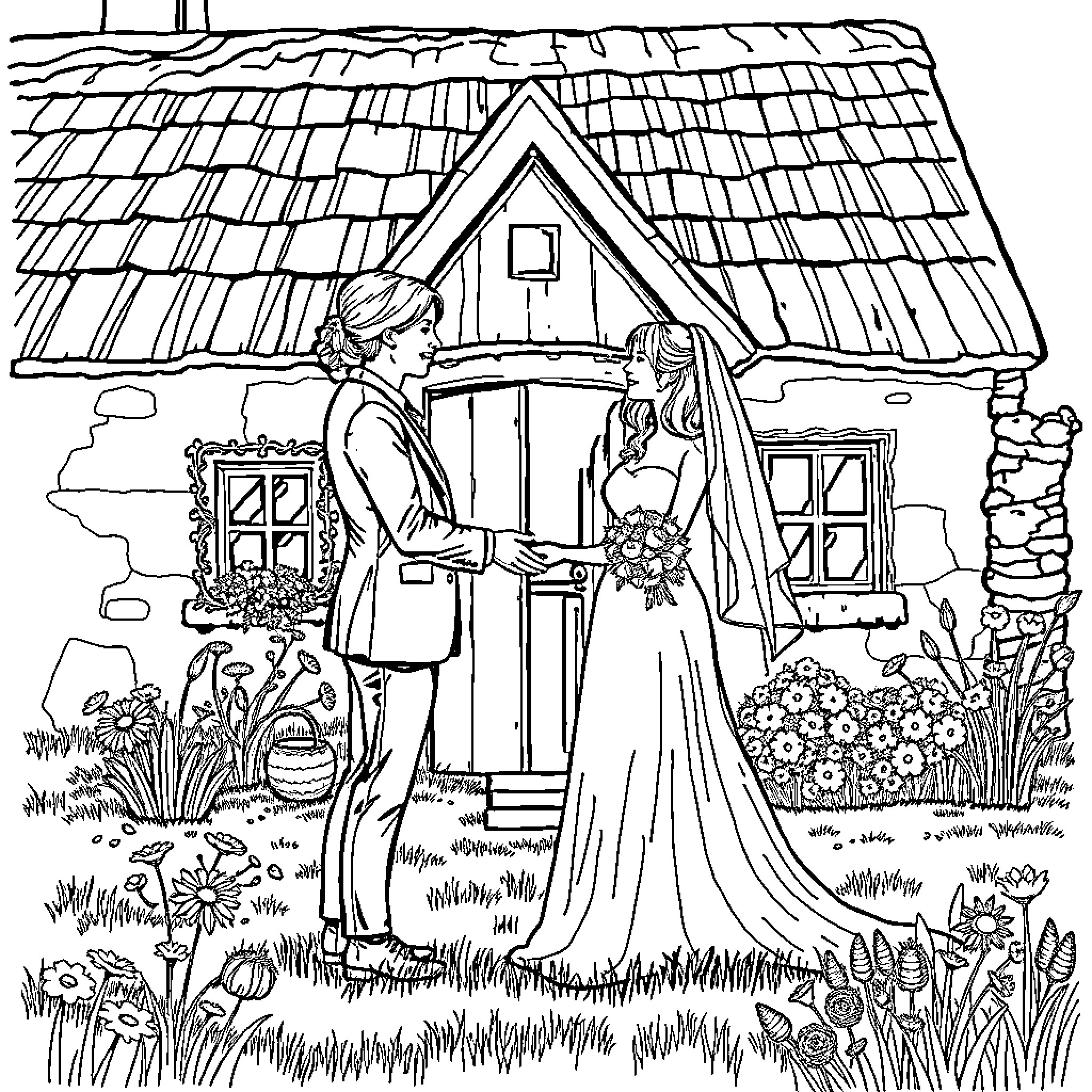 Woman in white wedding dress greets groom in front of rustic cottage Coloring Page (free black-and-white line drawing printable PDF for all, from beginners to advanced learners, including children, teens, adults, and seniors)
