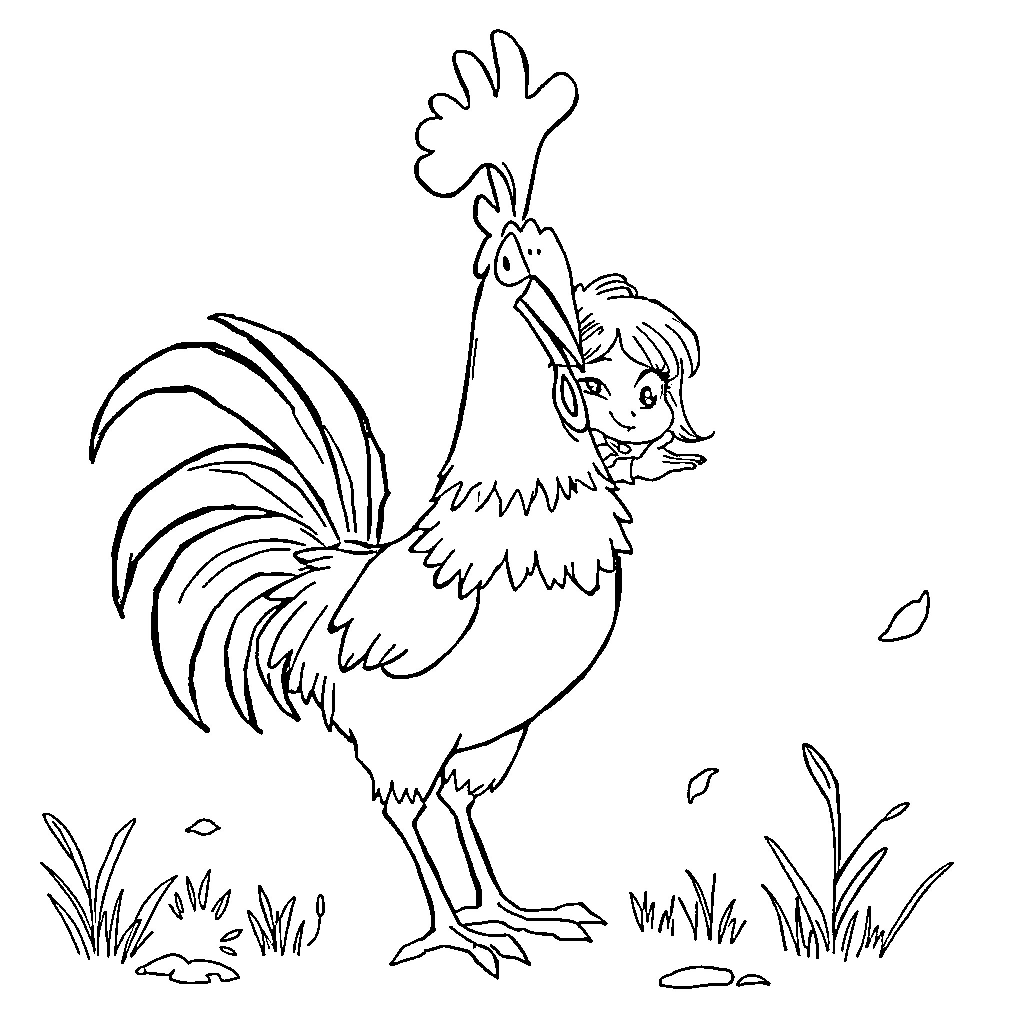 Gallo rooster standing tall in the grass Coloring Page (free black-and-white line drawing printable PDF for all, from beginners to advanced learners, including children, teens, adults, and seniors)