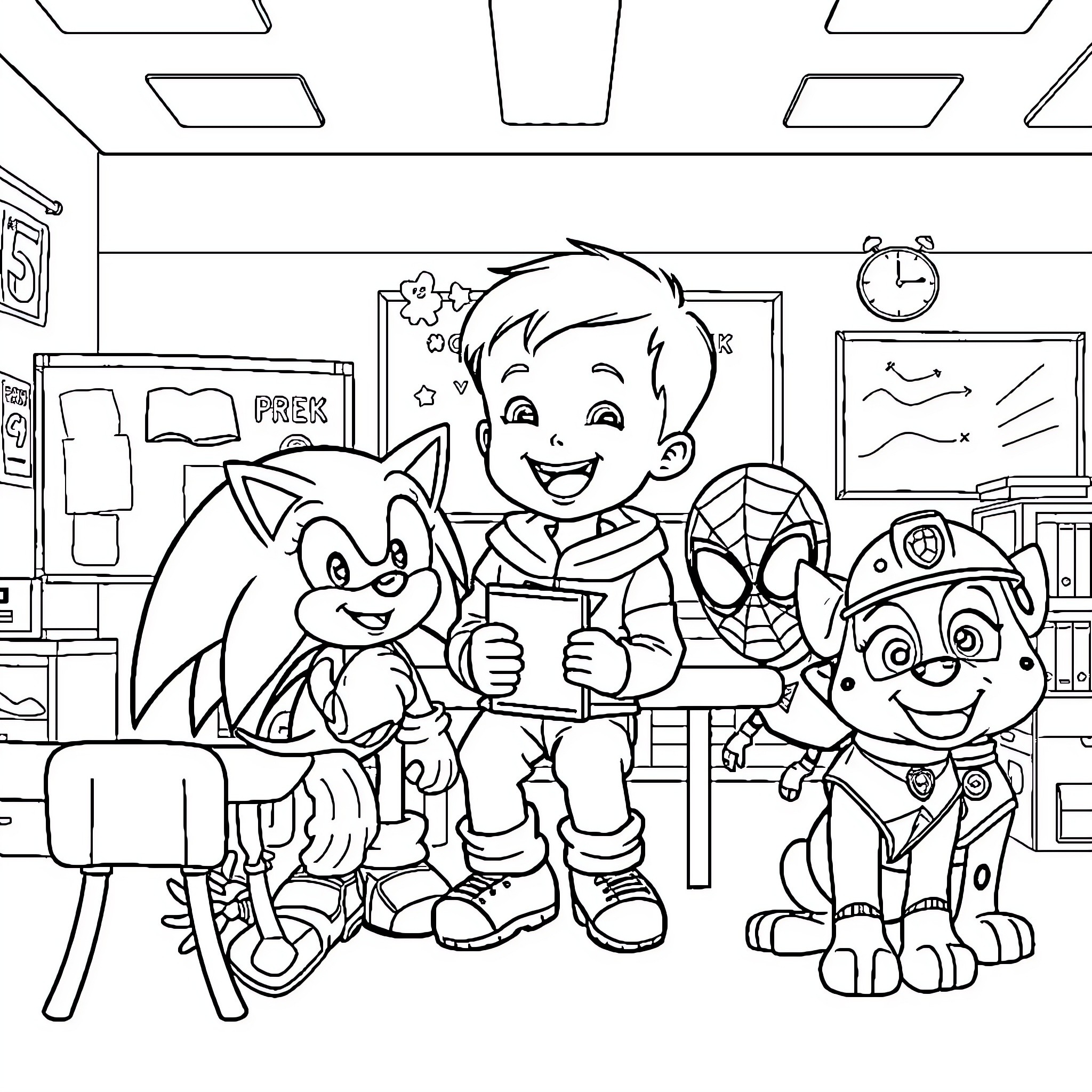 Character Playing with Cartoon Friends in Classroom Coloring Page (free black-and-white line drawing printable PDF for all, from beginners to advanced learners, including children, teens, adults, and seniors)