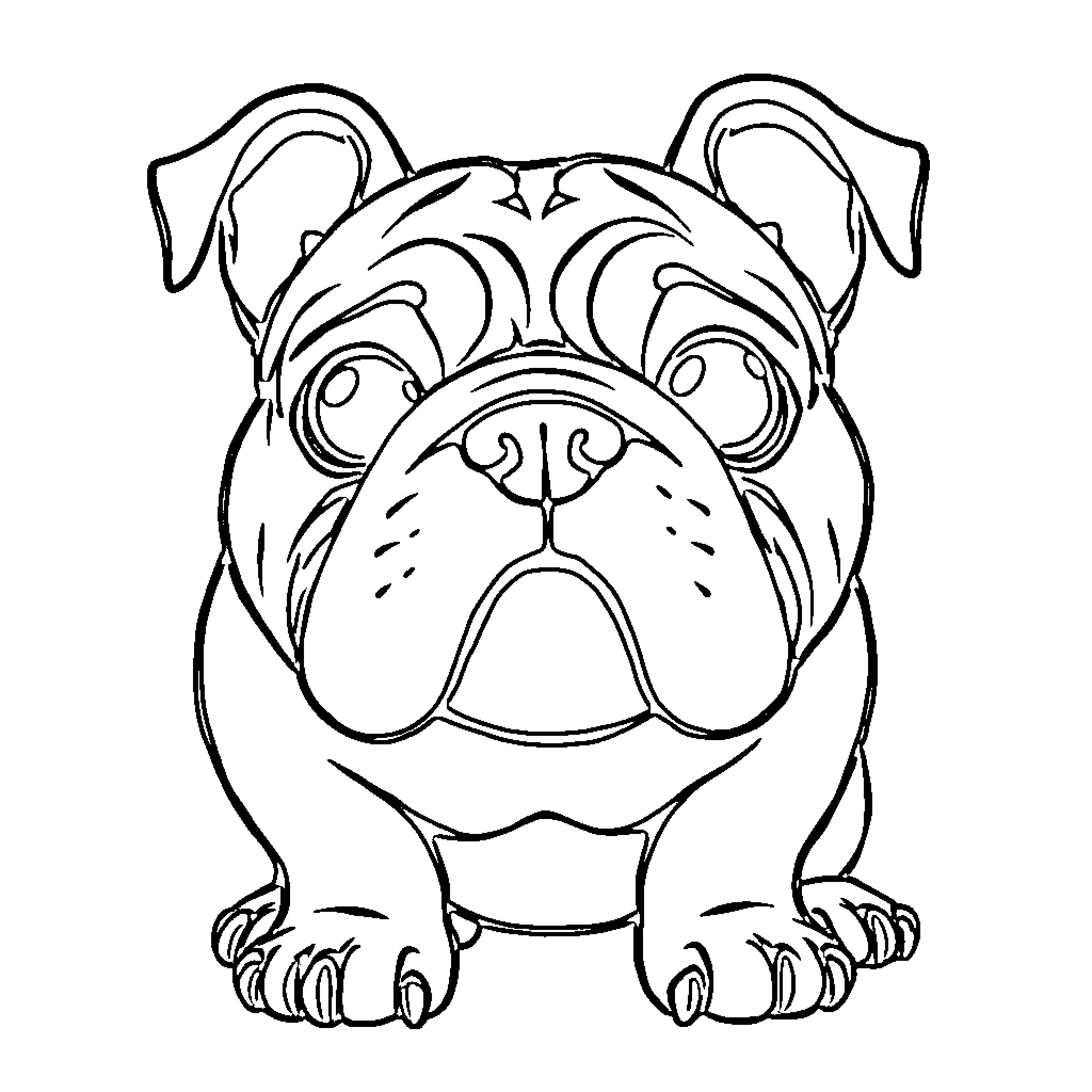 Bulldog in a Whimsical Pose Coloring Page (free black-and-white line drawing printable PDF for all, from beginners to advanced learners, including children, teens, adults, and seniors)