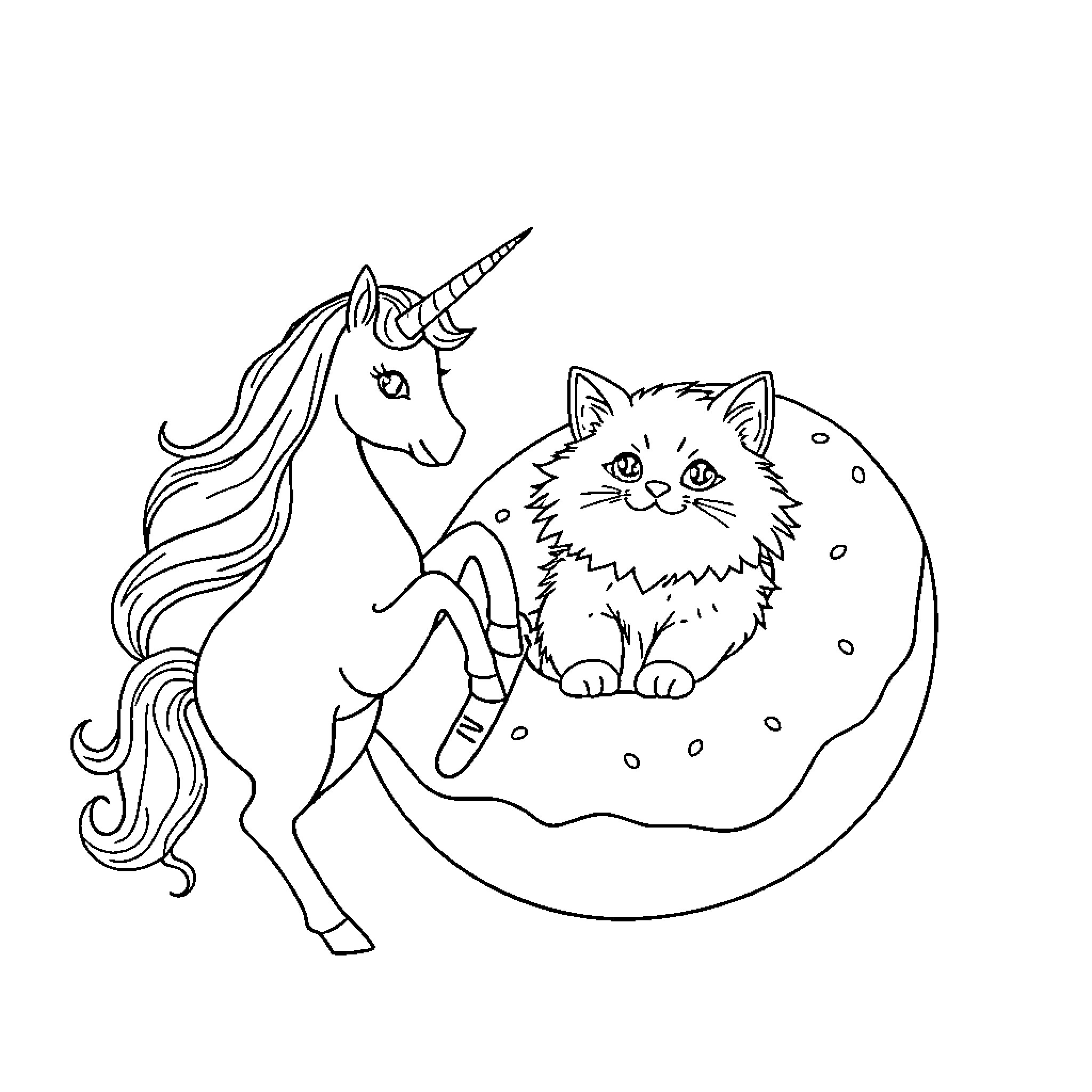 Unicorn and Kitten Playing on the Moon Coloring Page (free black-and-white line drawing printable PDF for all, from beginners to advanced learners, including children, teens, adults, and seniors)