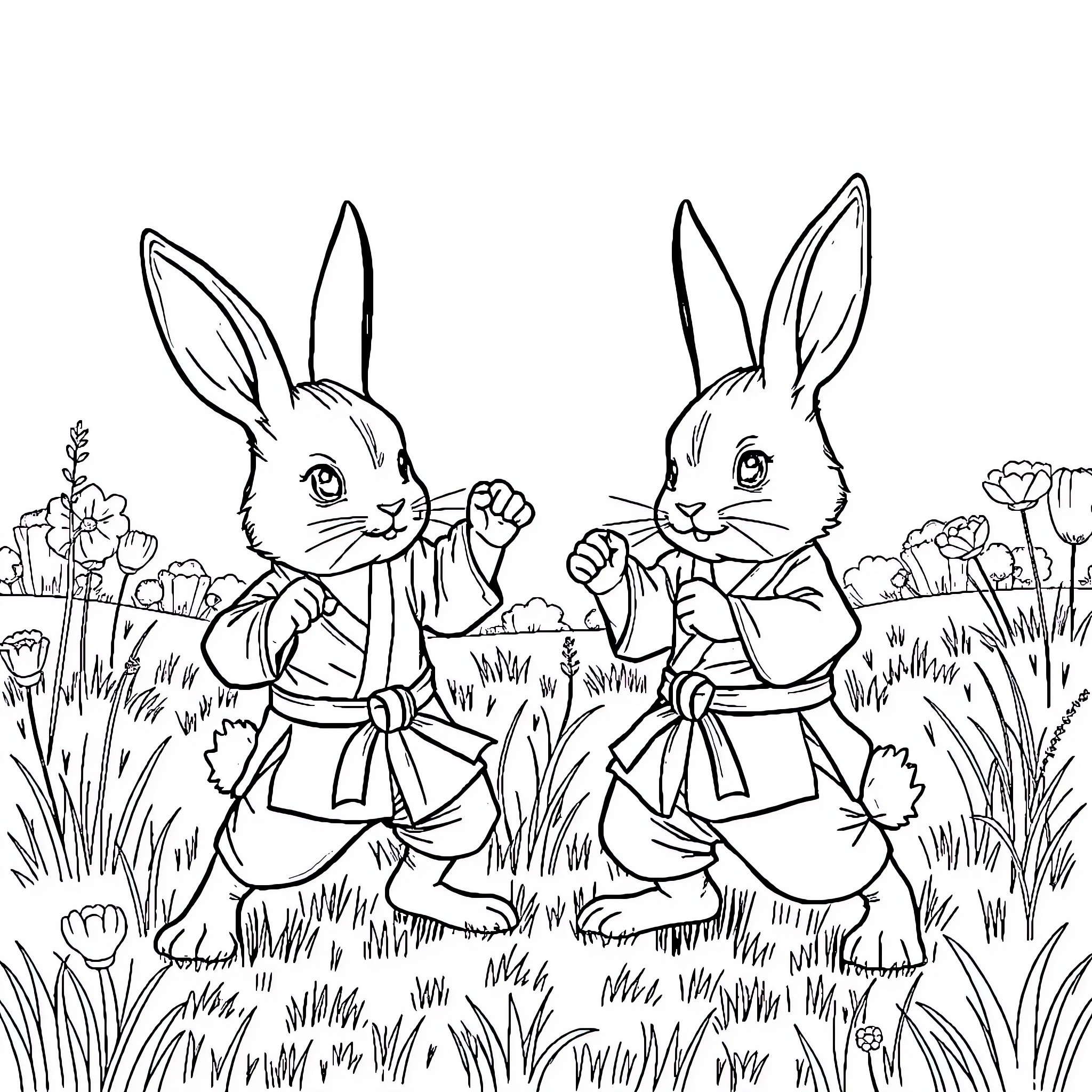Bunny rabbits playing and exploring in the garden Coloring Page (free black-and-white line drawing printable PDF for all, from beginners to advanced learners, including children, teens, adults, and seniors)