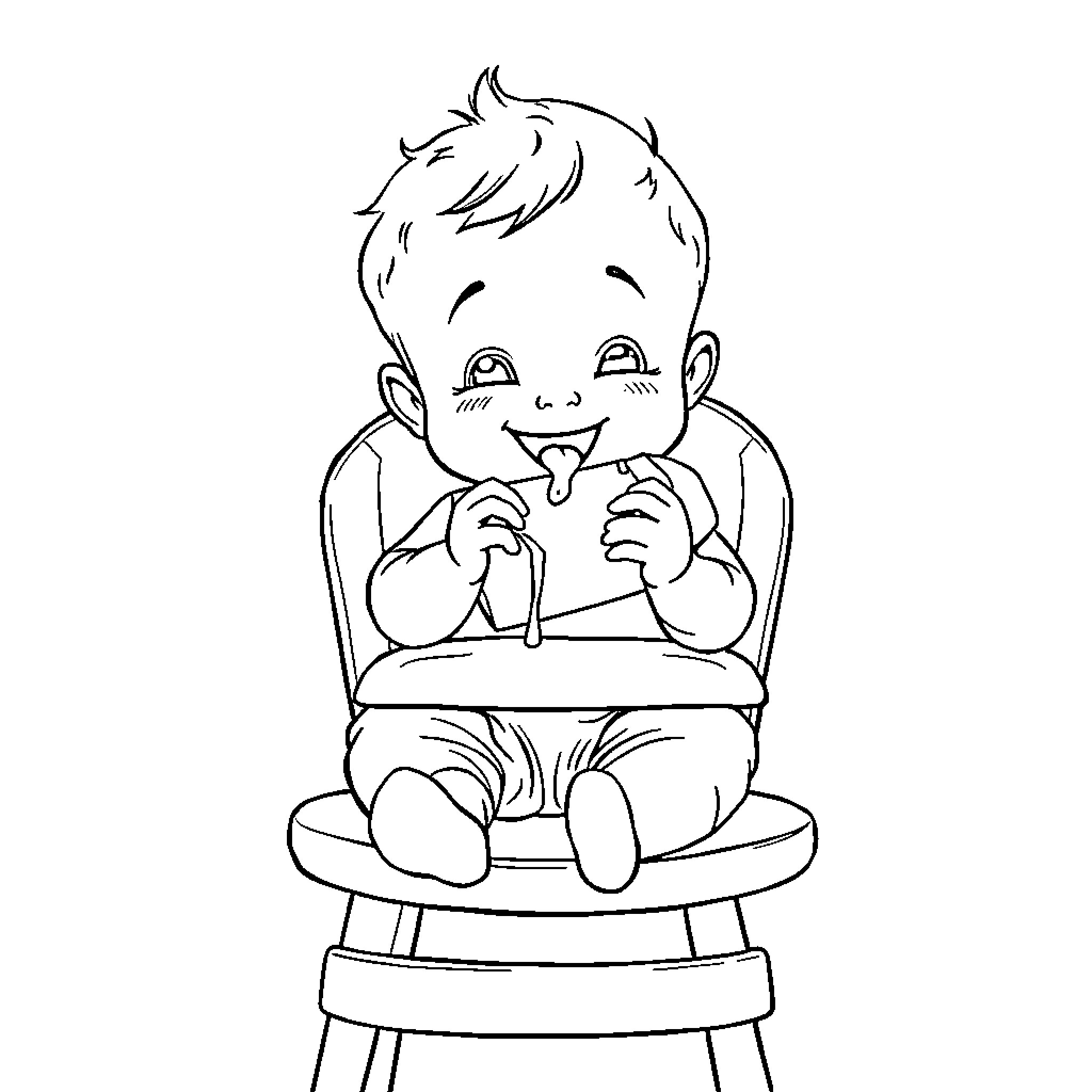 Baby happily eating in high chair Coloring Page (free black-and-white line drawing printable PDF for all, from beginners to advanced learners, including children, teens, adults, and seniors)