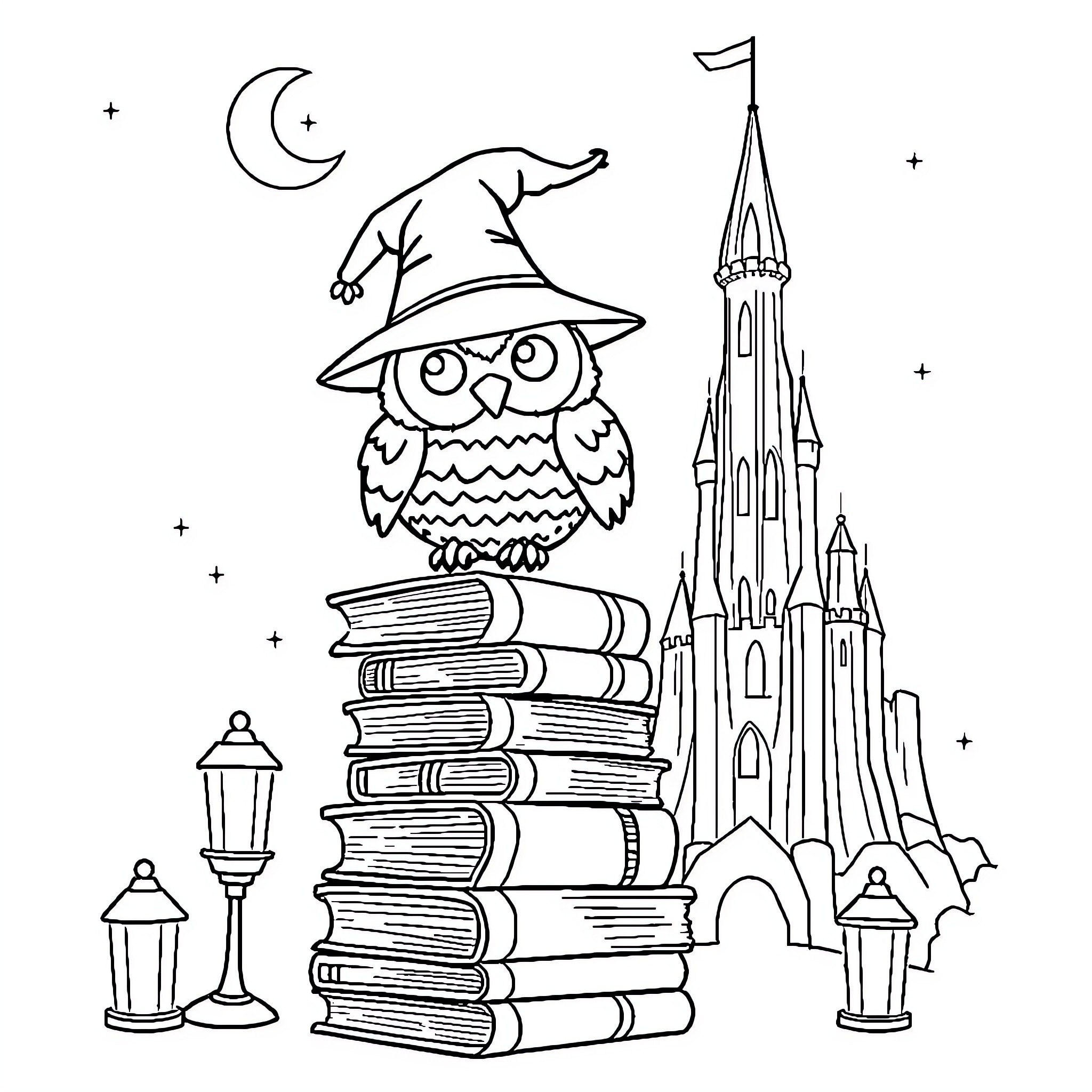 Owl perched on a stack of books near a castle Coloring Page (free black-and-white line drawing printable PDF for all, from beginners to advanced learners, including children, teens, adults, and seniors)
