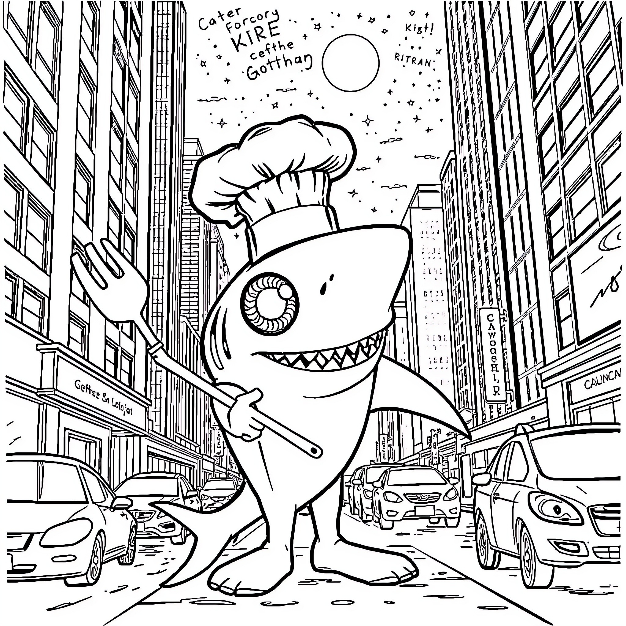 Thresher Shark chef cooking in busy city street Coloring Page (free black-and-white line drawing printable PDF for all, from beginners to advanced learners, including children, teens, adults, and seniors)