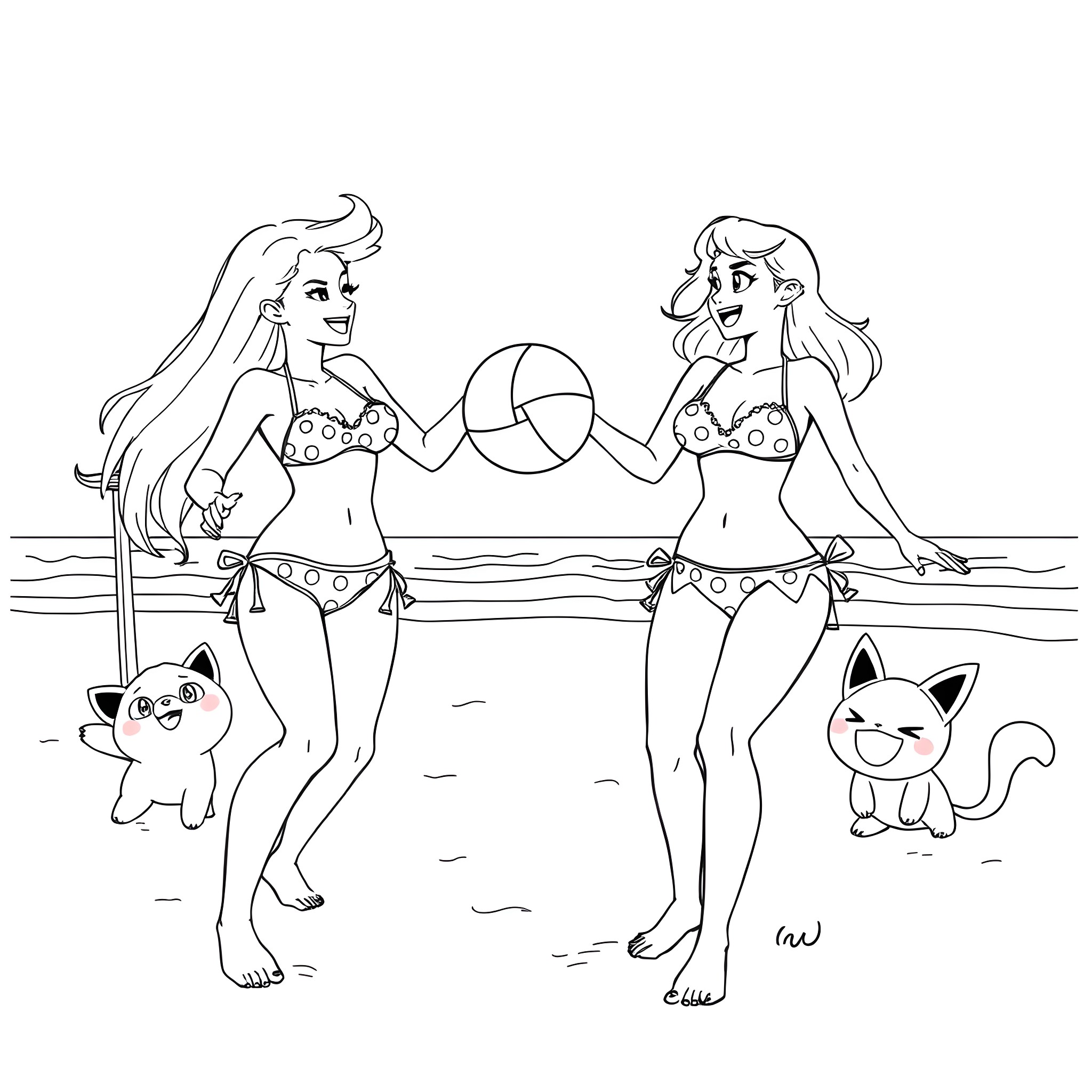 Female friends playing beach volleyball with pets Coloring Page (free black-and-white line drawing printable PDF for all, from beginners to advanced learners, including children, teens, adults, and seniors)