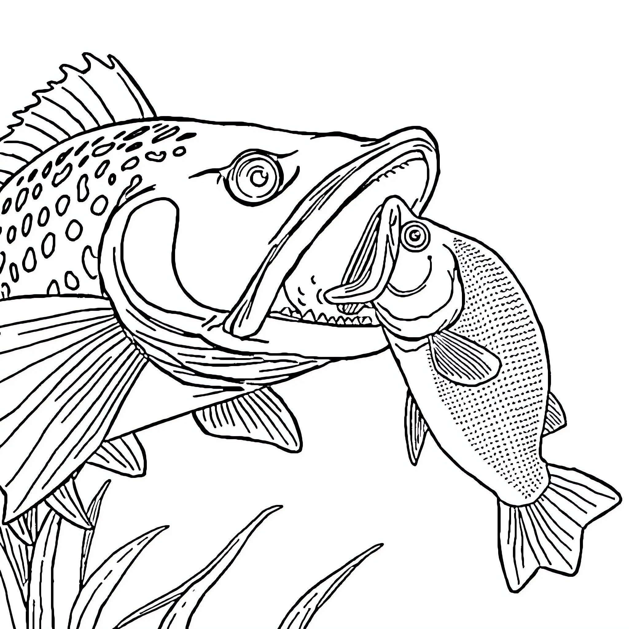 Fish swimming among plants and rocks Coloring Page (free black-and-white line drawing printable PDF for all, from beginners to advanced learners, including children, teens, adults, and seniors)
