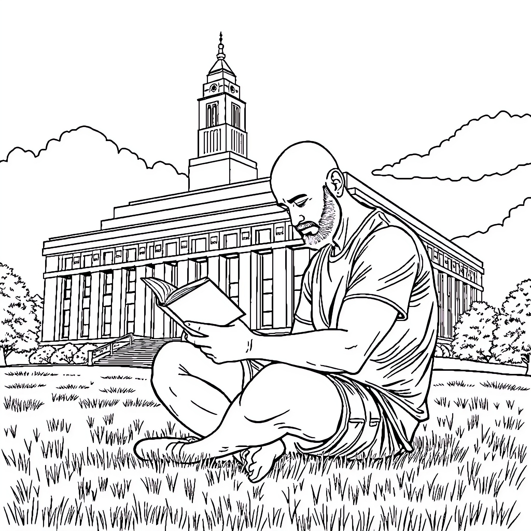 Guy studying intently on the lawn near building Coloring Page (free black-and-white line drawing printable PDF for all, from beginners to advanced learners, including children, teens, adults, and seniors)