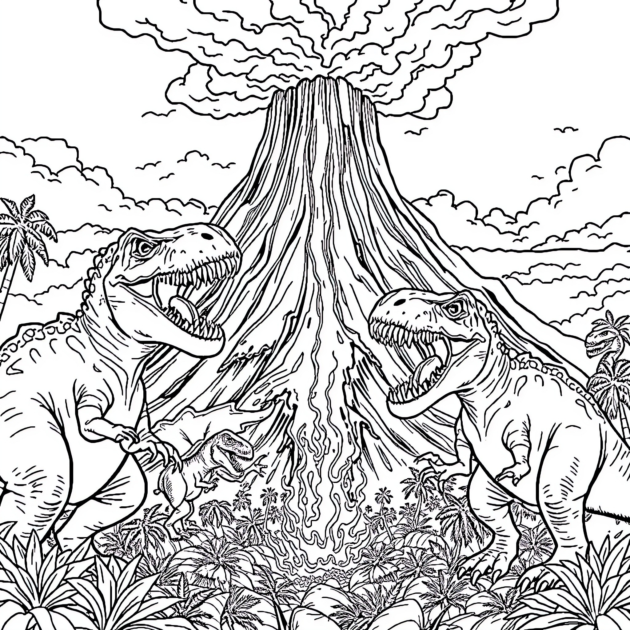 Dinosaurs roaring amid volcanic eruption Coloring Page (free black-and-white line drawing printable PDF for all, from beginners to advanced learners, including children, teens, adults, and seniors)