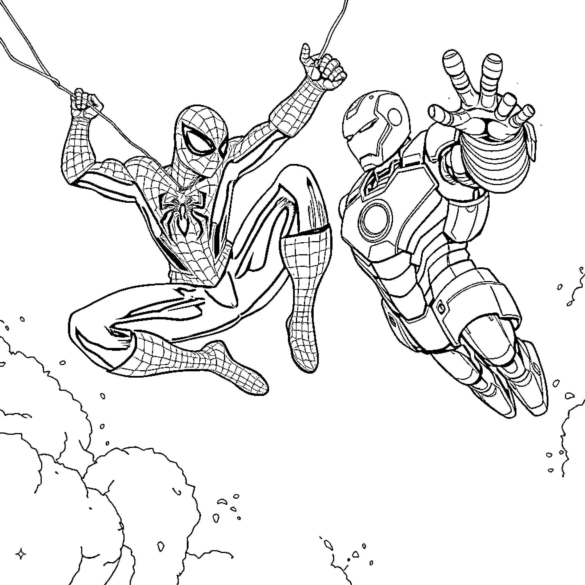 Spiderman and Iron Man in heroic action Coloring Page (free black-and-white line drawing printable PDF for all, from beginners to advanced learners, including children, teens, adults, and seniors)