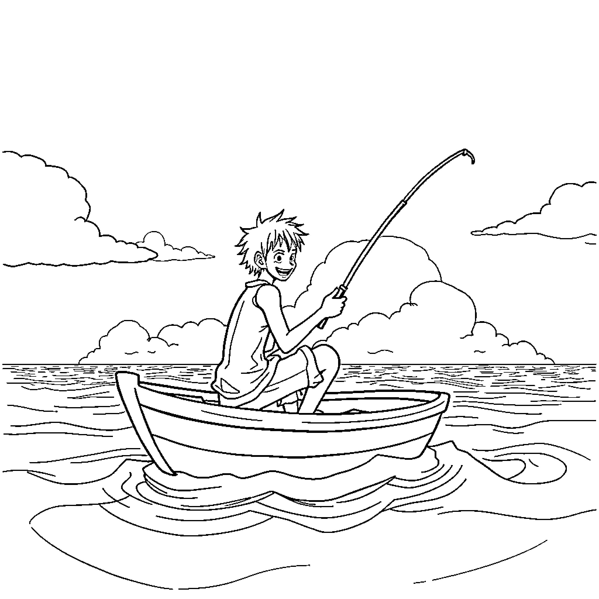 Monkey D Luffy fishing on a boat in the ocean Coloring Page (free black-and-white line drawing printable PDF for all, from beginners to advanced learners, including children, teens, adults, and seniors)