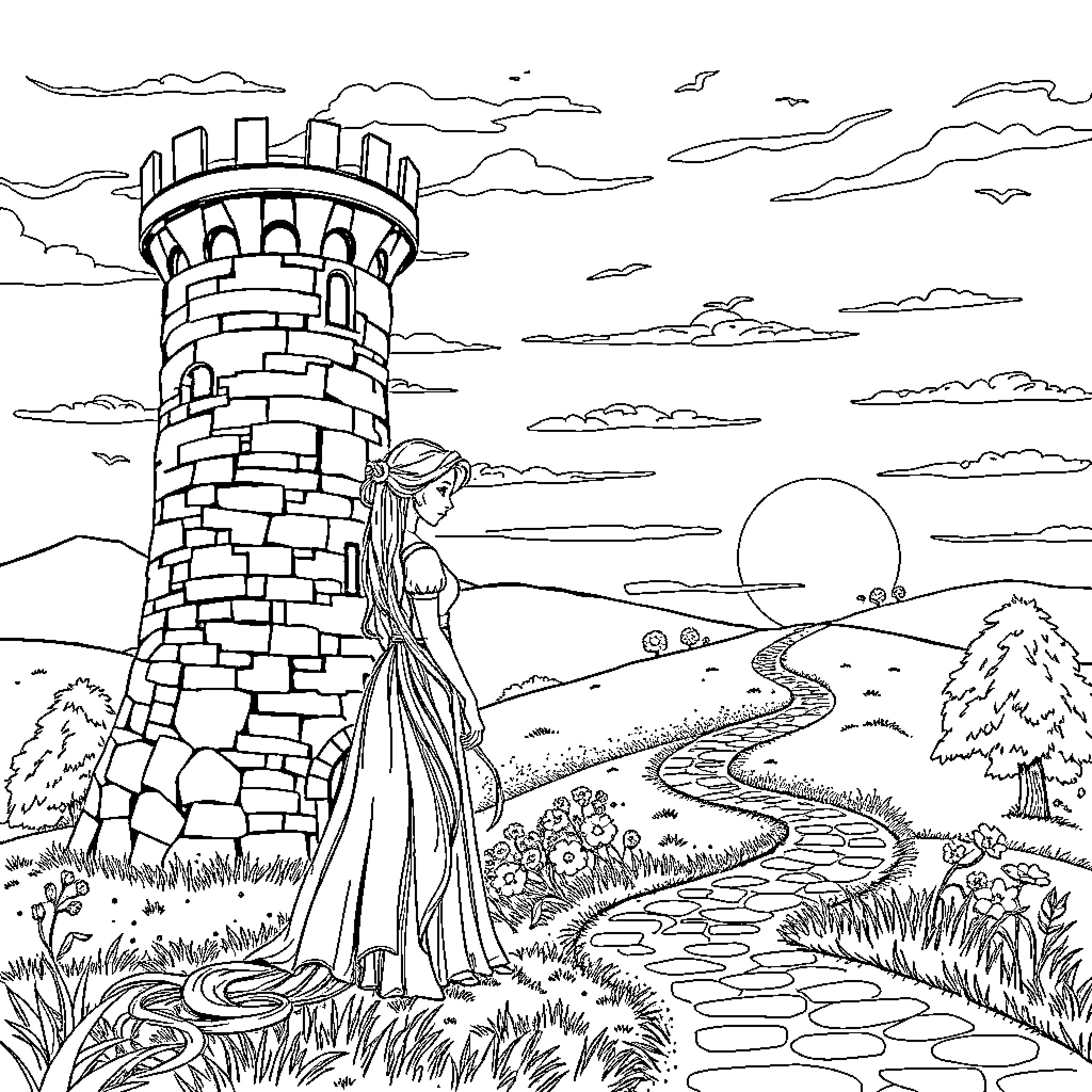 Rapunzel observes the sunset from her tower window Coloring Page (free black-and-white line drawing printable PDF for all, from beginners to advanced learners, including children, teens, adults, and seniors)