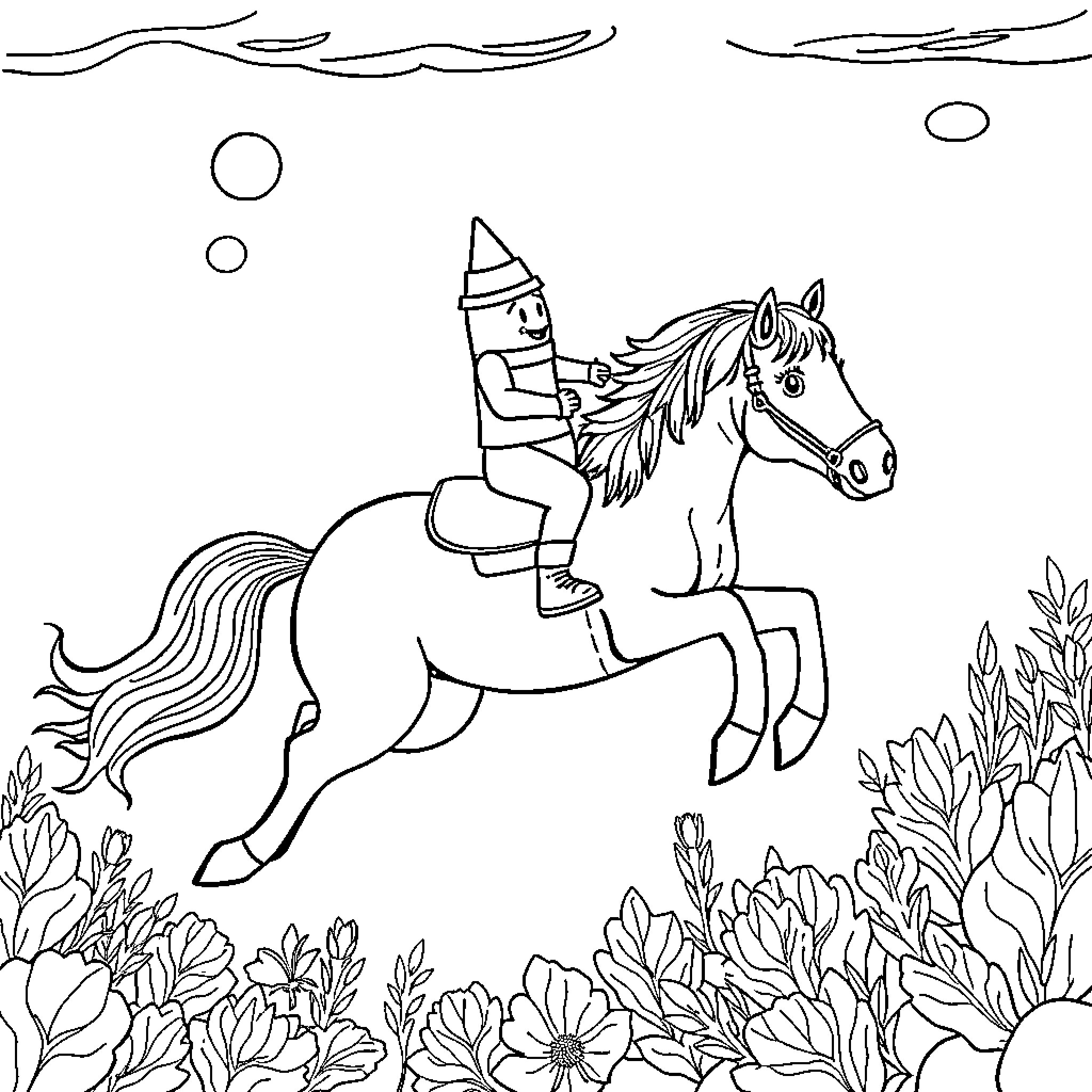 Crayon child riding horse in fantasy landscape Coloring Page (free black-and-white line drawing printable PDF for all, from beginners to advanced learners, including children, teens, adults, and seniors)