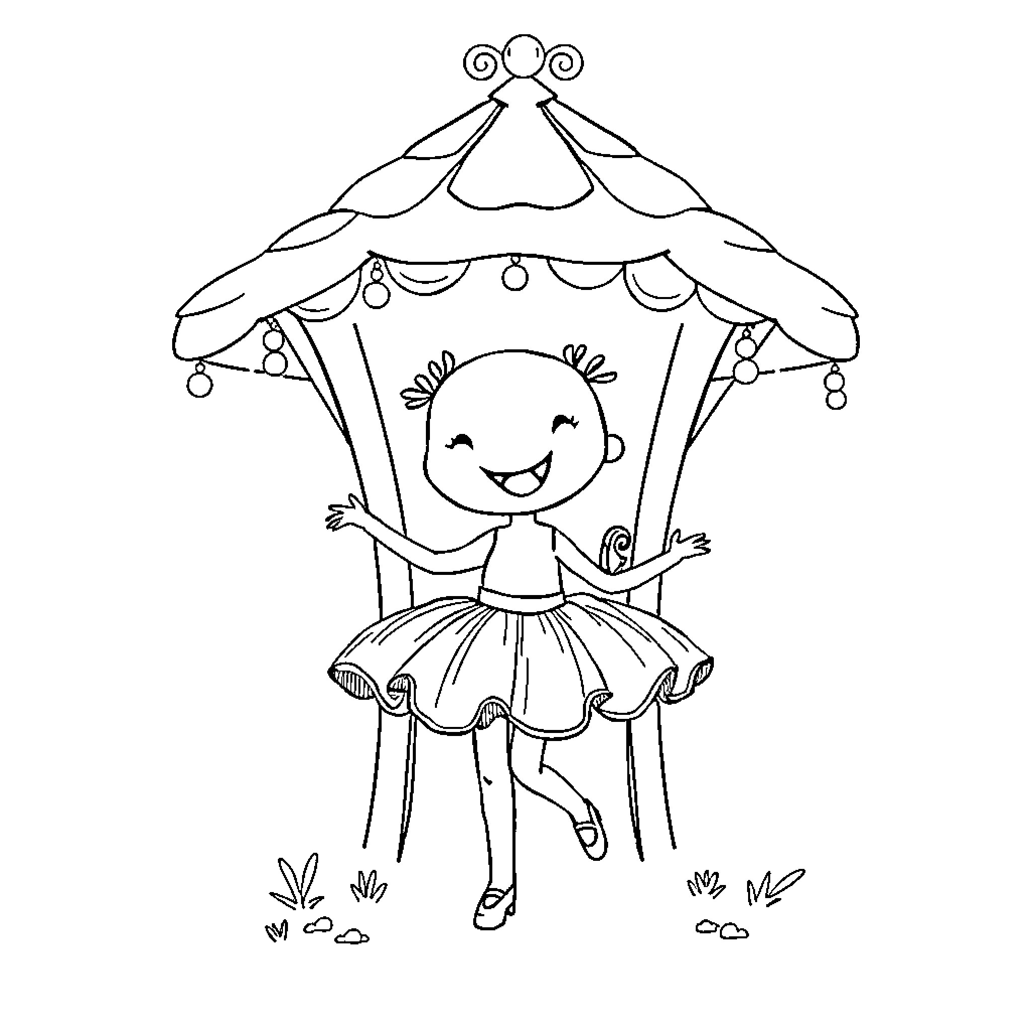 Porche carnival dancer performs under decorated canopy Coloring Page (free black-and-white line drawing printable PDF for all, from beginners to advanced learners, including children, teens, adults, and seniors)