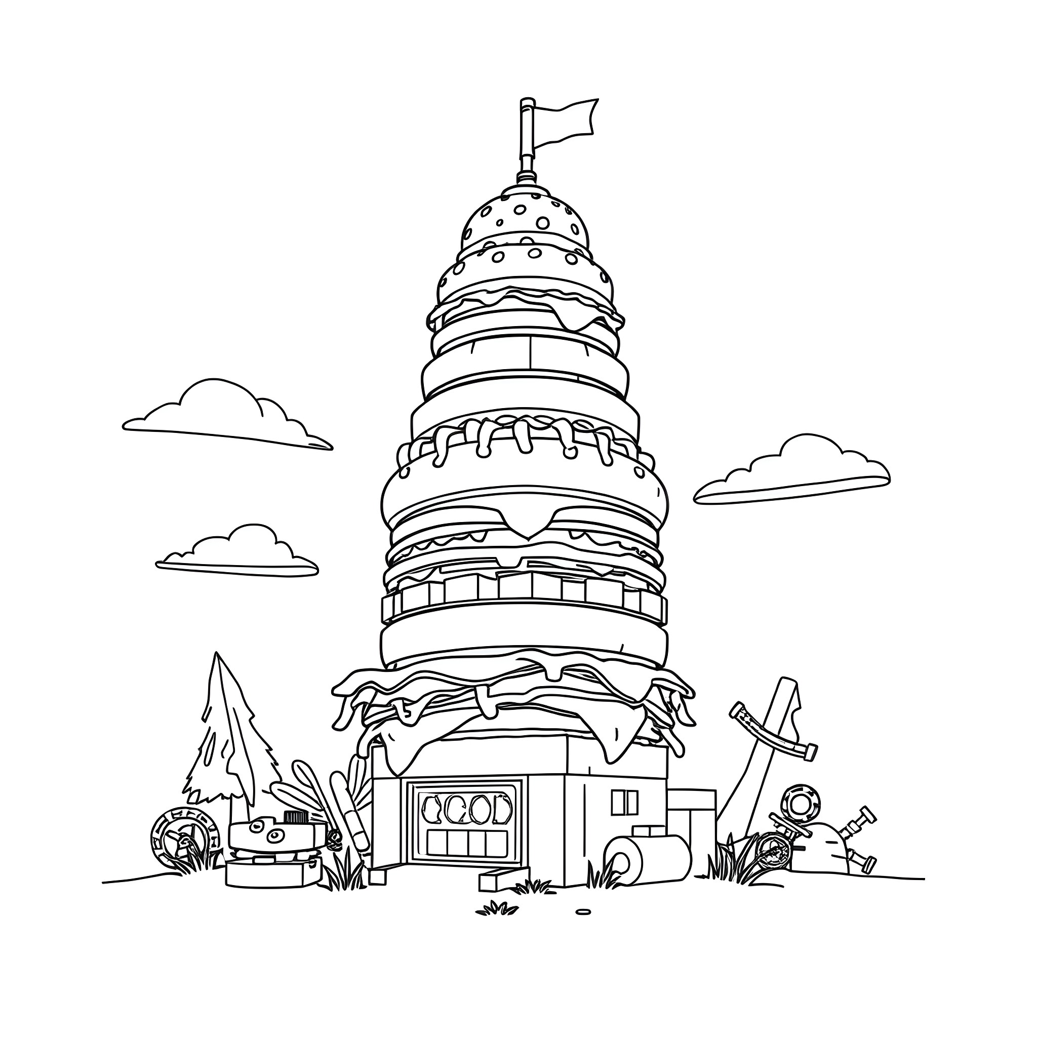 Burger Tower with Assorted Adornments Coloring Page (free black-and-white line drawing printable PDF for all, from beginners to advanced learners, including children, teens, adults, and seniors)