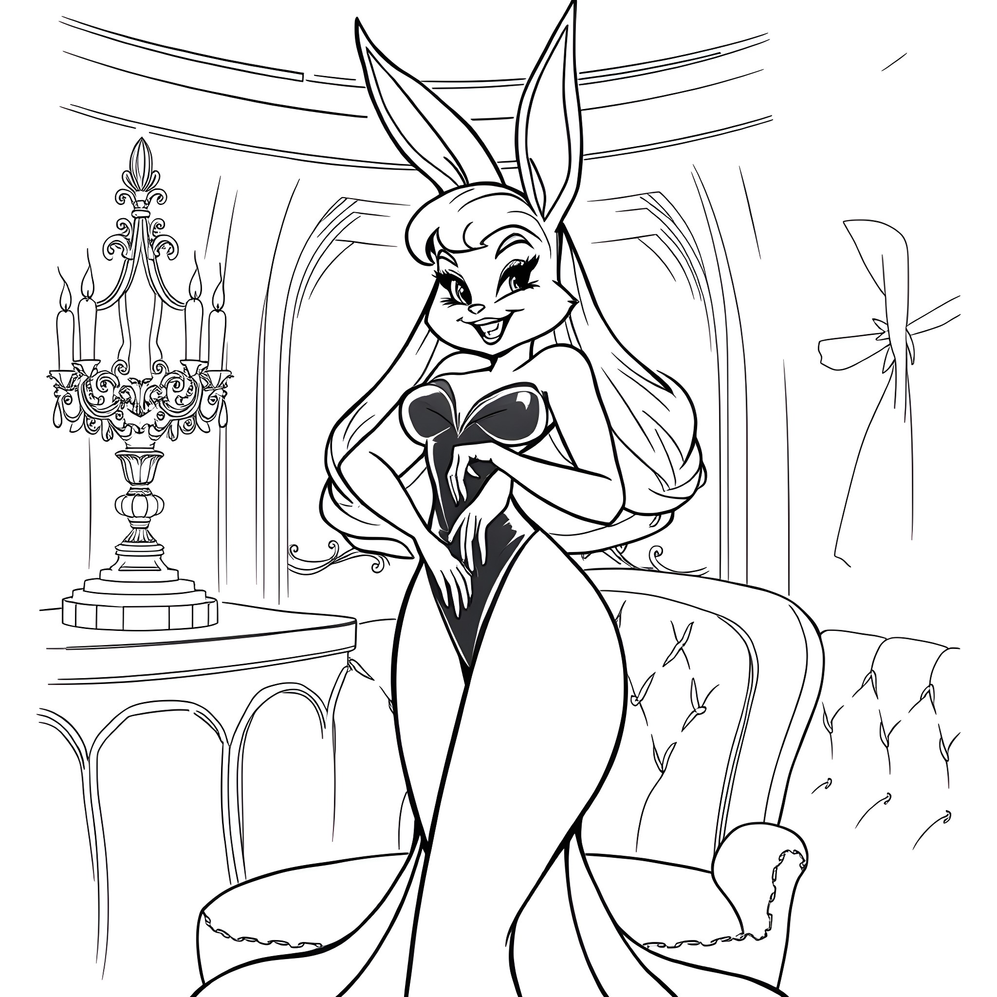 Jessica Rabbit posing elegantly in an extravagant scene Coloring Page (free black-and-white line drawing printable PDF for all, from beginners to advanced learners, including children, teens, adults, and seniors)