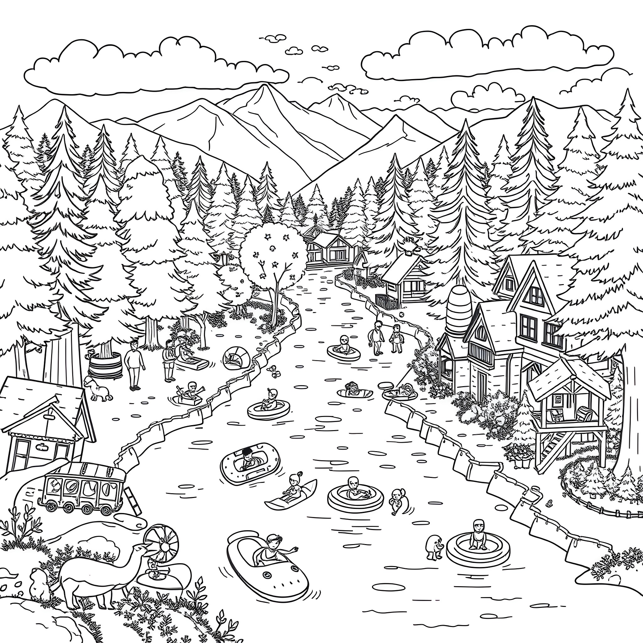 Wildwater River Adventure in the Mountain Town Coloring Page (free black-and-white line drawing printable PDF for all, from beginners to advanced learners, including children, teens, adults, and seniors)