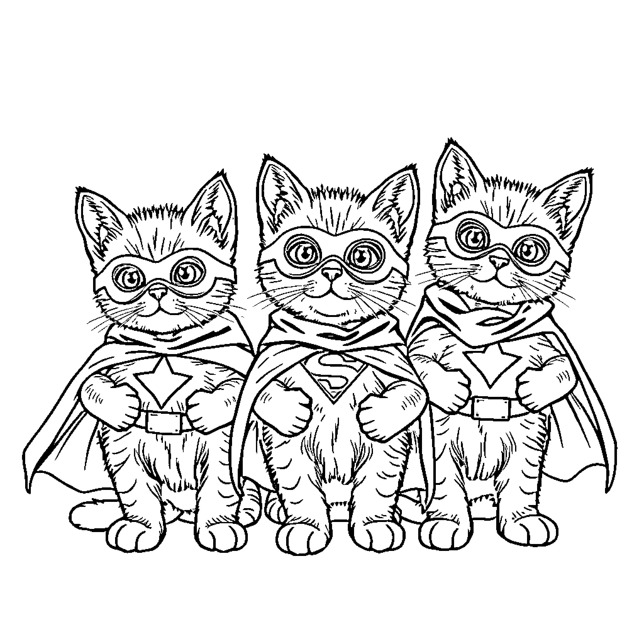 Kittens dressed as superheroes Coloring Page (free black-and-white line drawing printable PDF for all, from beginners to advanced learners, including children, teens, adults, and seniors)