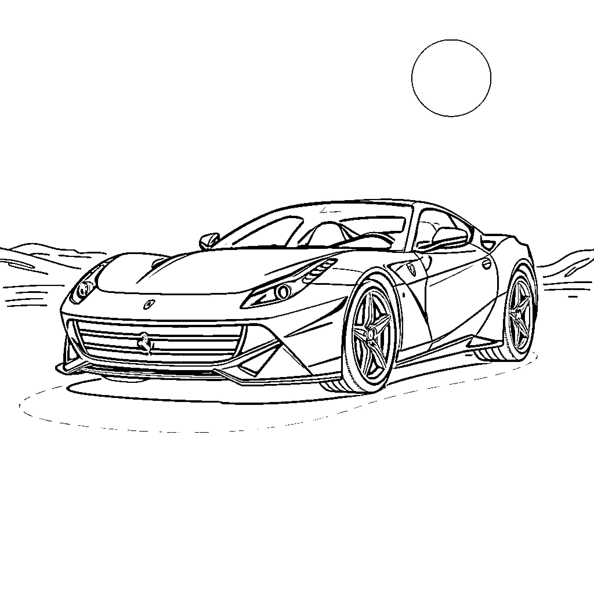Ferrari sports car speeding on the road Coloring Page (free black-and-white line drawing printable PDF for all, from beginners to advanced learners, including children, teens, adults, and seniors)