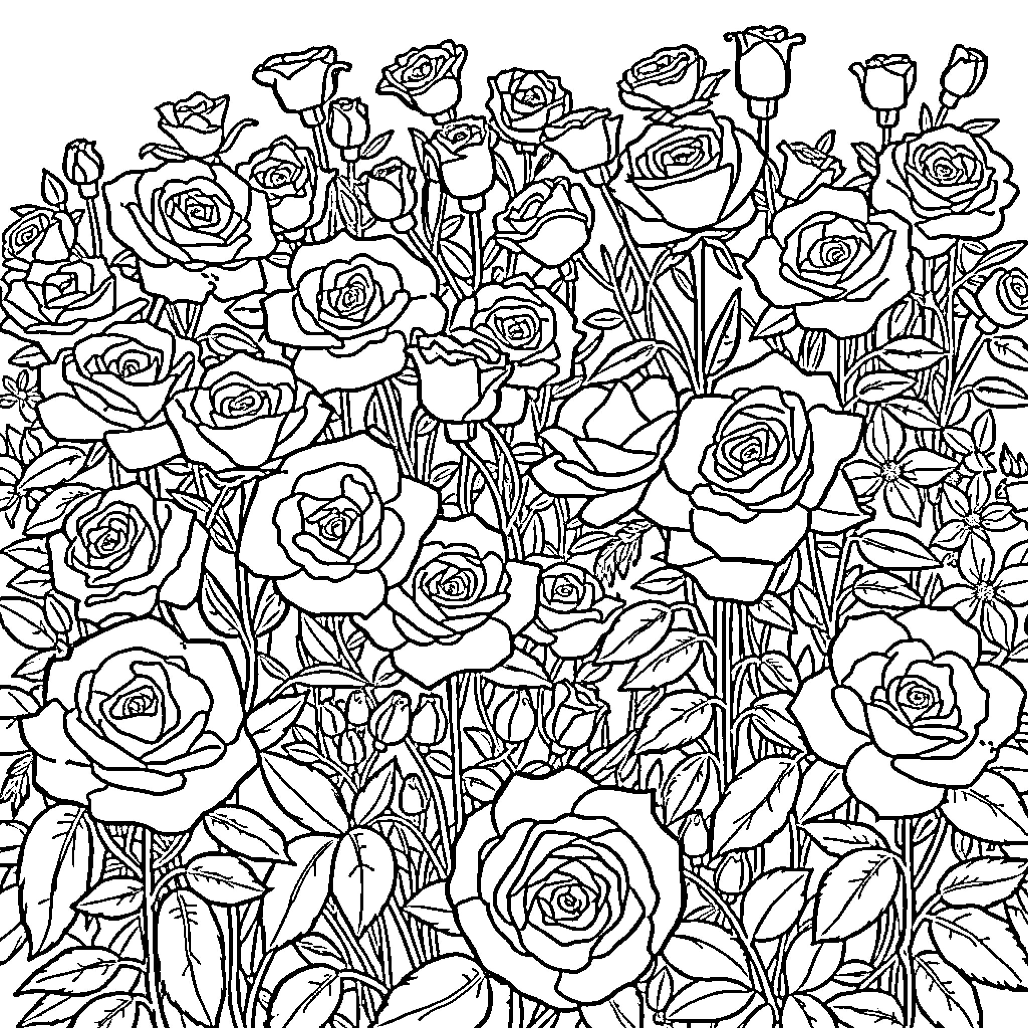 Rose garden in full bloom Coloring Page (free black-and-white line drawing printable PDF for all, from beginners to advanced learners, including children, teens, adults, and seniors)