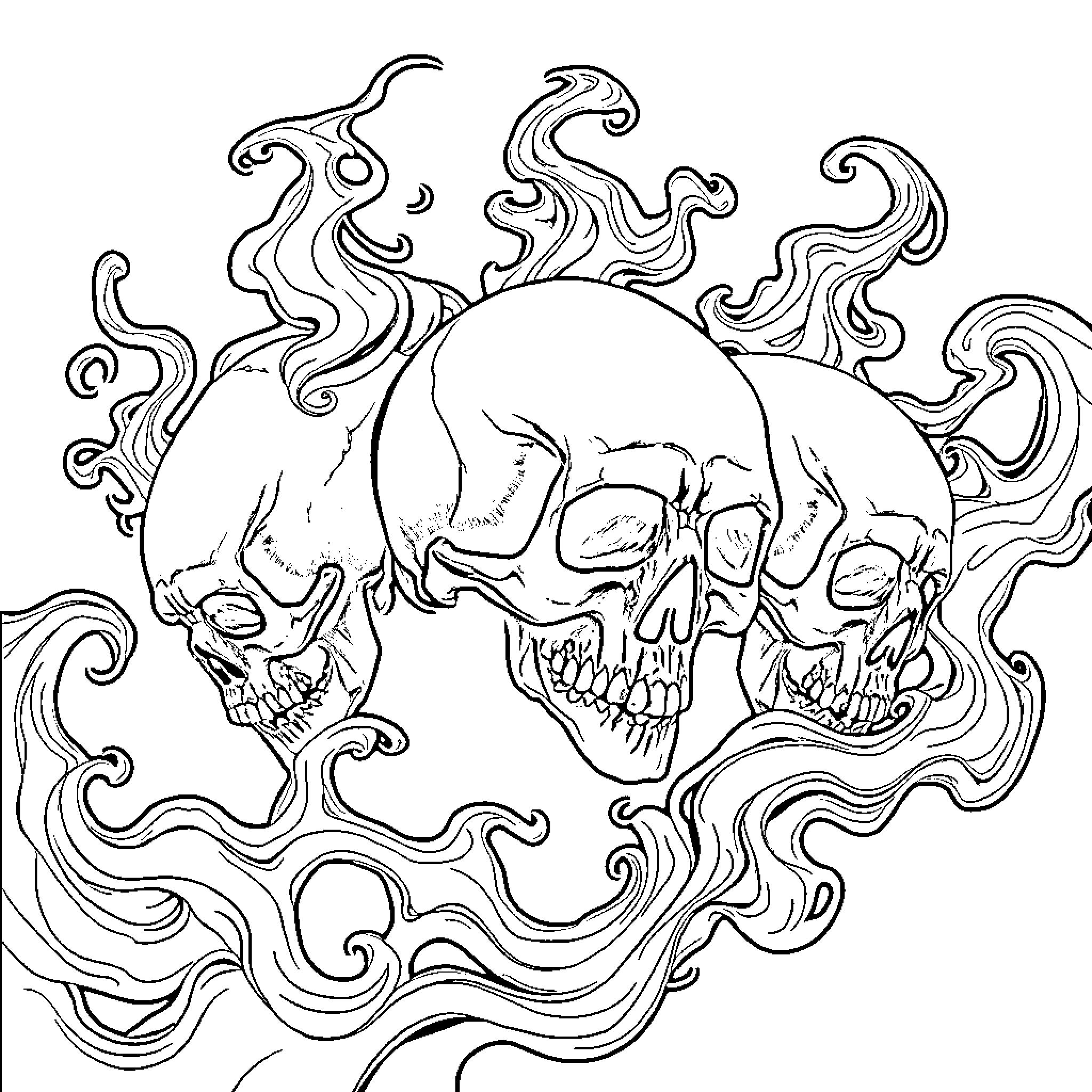 Skull Trio in Swirling Smoke Coloring Page (free black-and-white line drawing printable PDF for all, from beginners to advanced learners, including children, teens, adults, and seniors)