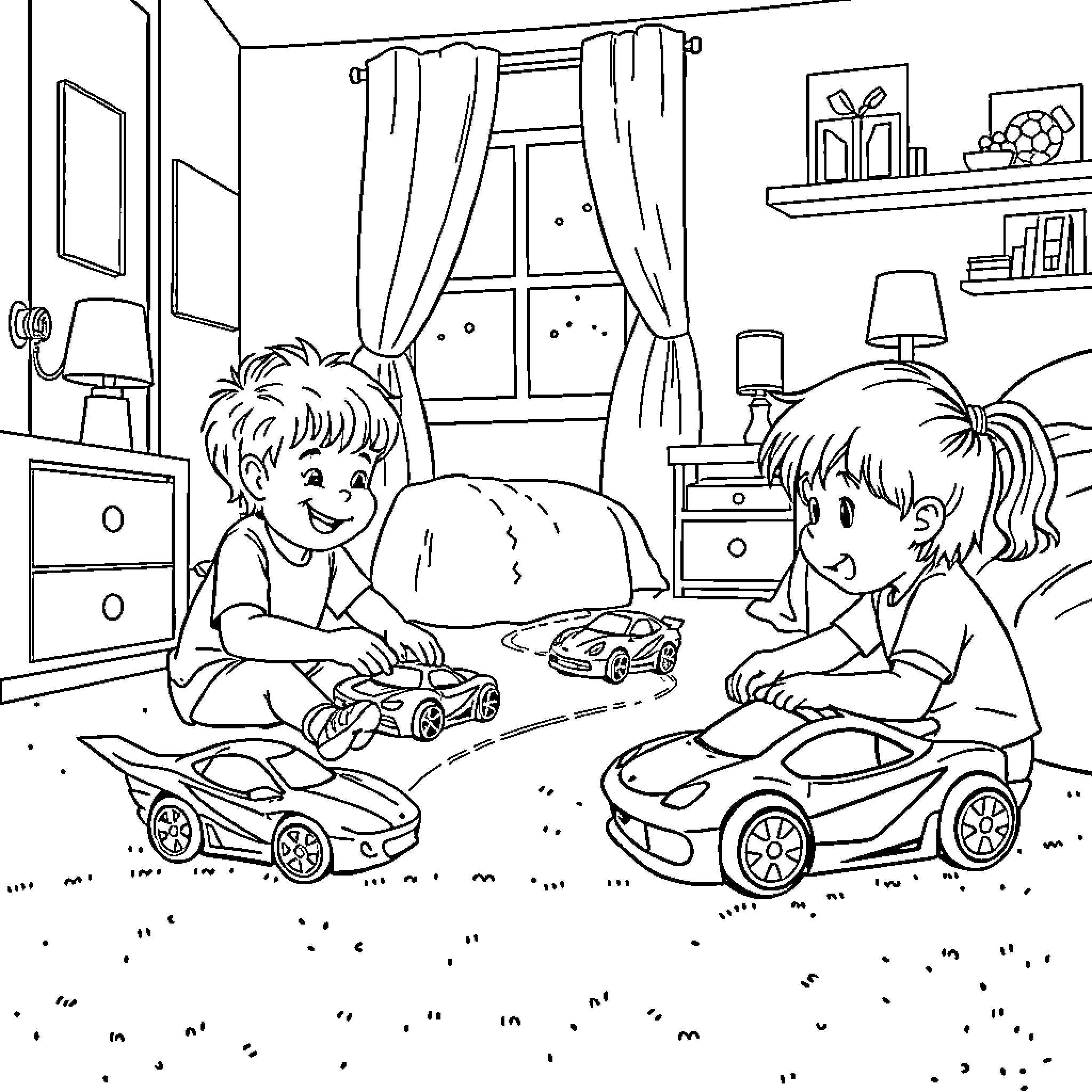 Kid siblings playing with toy cars in room Coloring Page (free black-and-white line drawing printable PDF for all, from beginners to advanced learners, including children, teens, adults, and seniors)