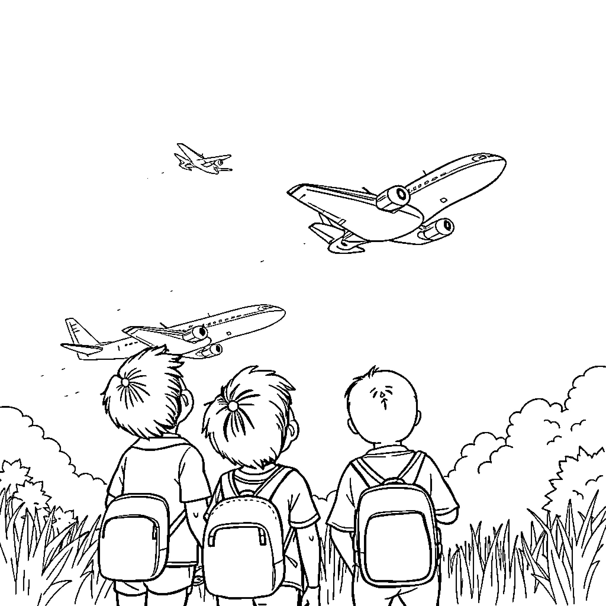 Kid Travelers Watching Airplanes Fly Over Coloring Page (free black-and-white line drawing printable PDF for all, from beginners to advanced learners, including children, teens, adults, and seniors)