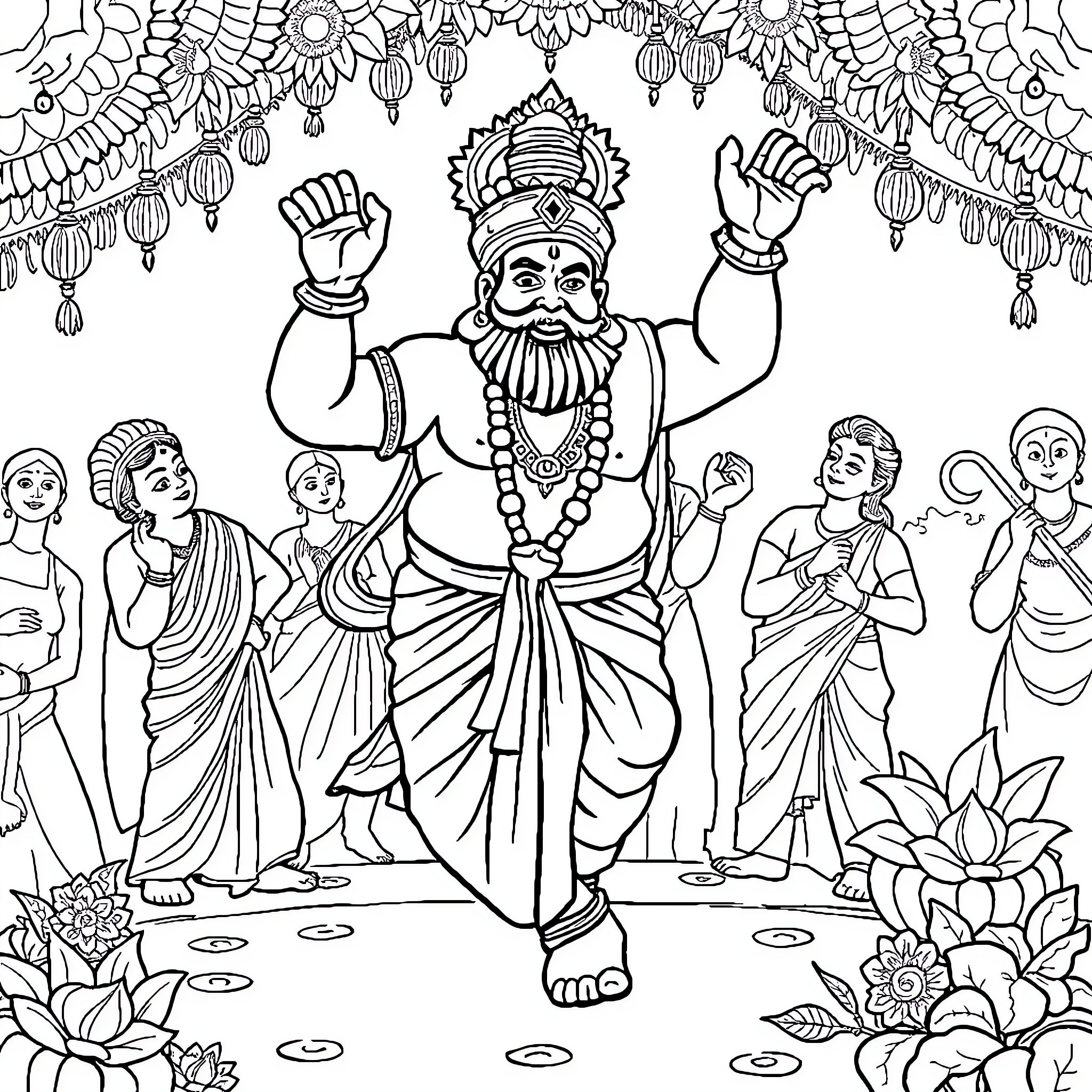 Mahabali surrounded by festive celebration and devotees Coloring Page (free black-and-white line drawing printable PDF for all, from beginners to advanced learners, including children, teens, adults, and seniors)