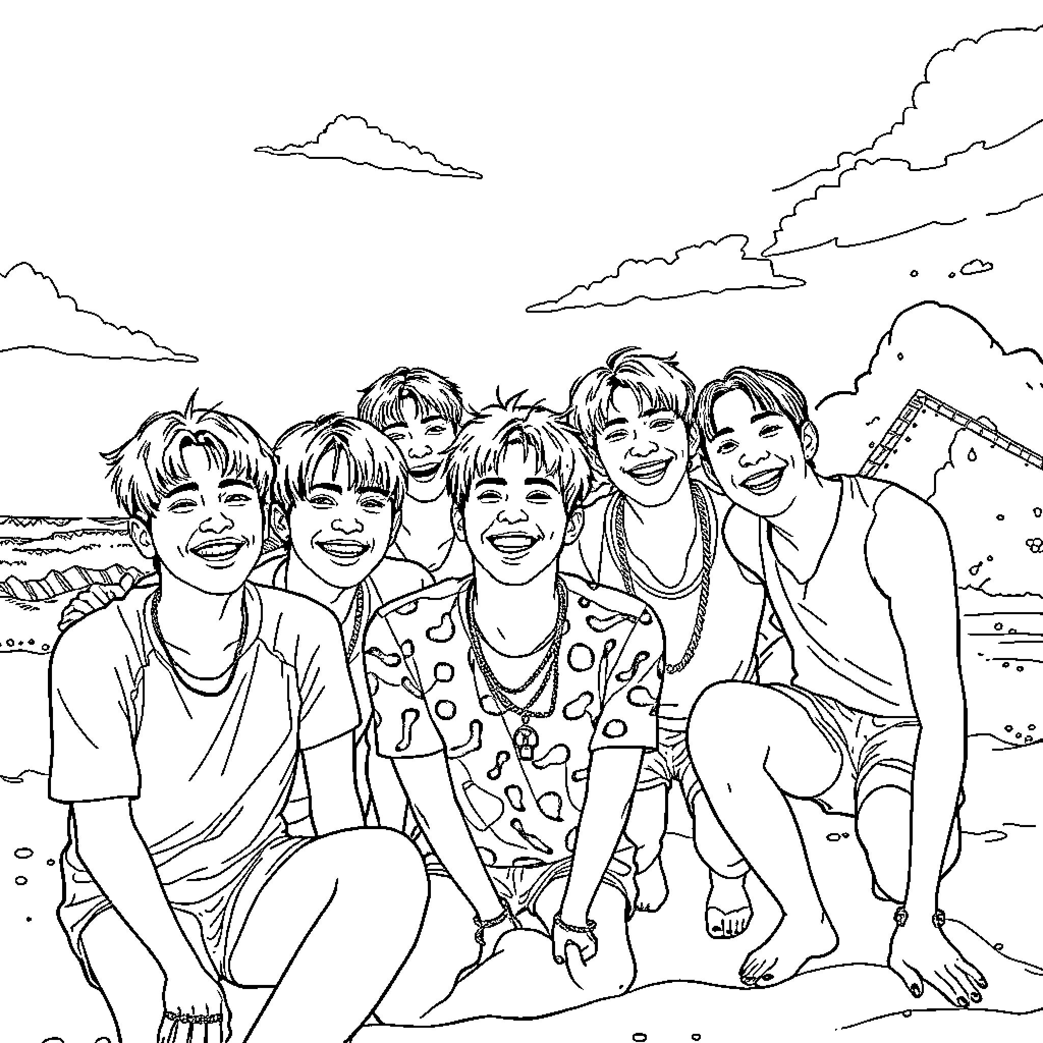 BTS Enjoying a Day at the Beach Coloring Page (free black-and-white line drawing printable PDF for all, from beginners to advanced learners, including children, teens, adults, and seniors)
