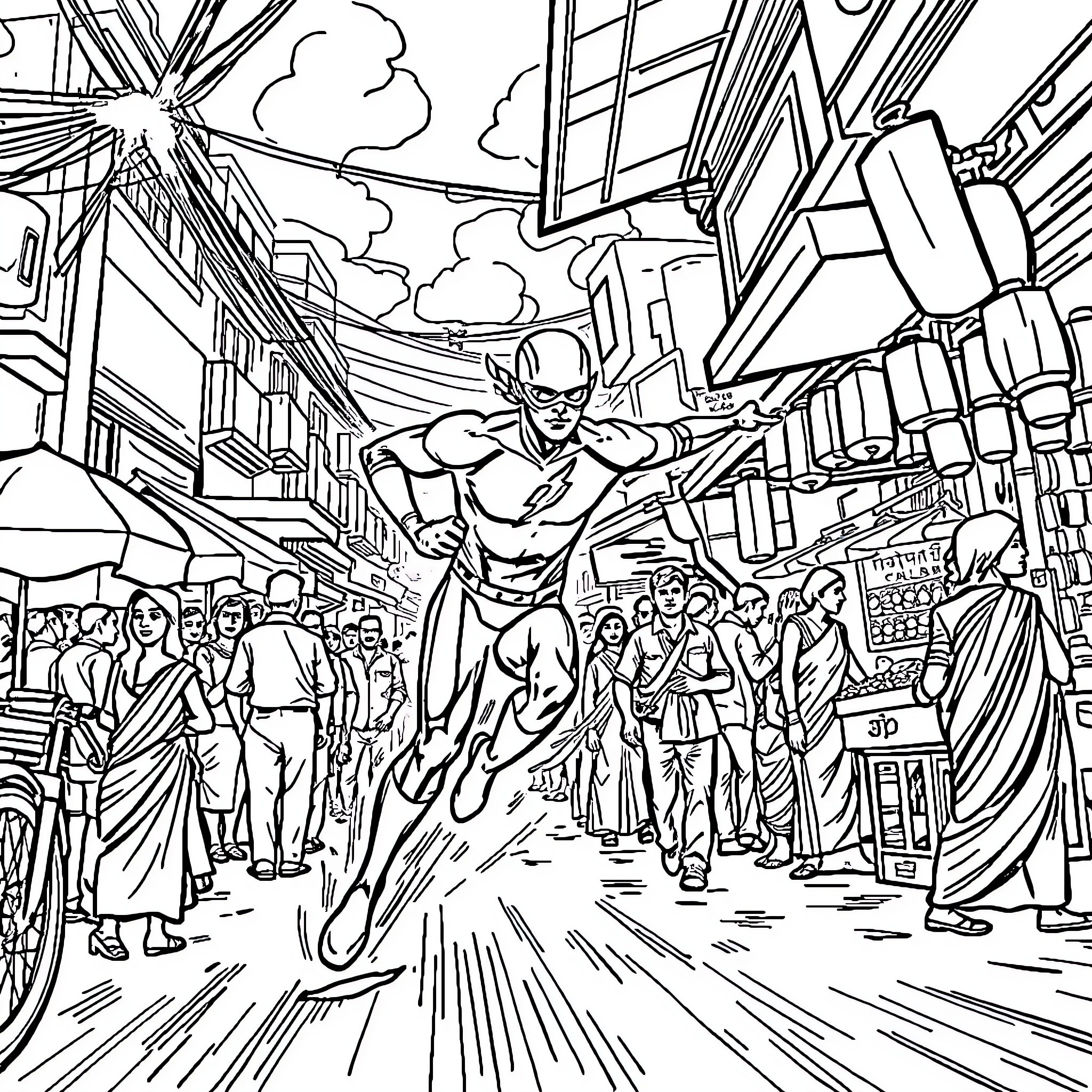 Flash speeding through a crowded city street Coloring Page (free black-and-white line drawing printable PDF for all, from beginners to advanced learners, including children, teens, adults, and seniors)