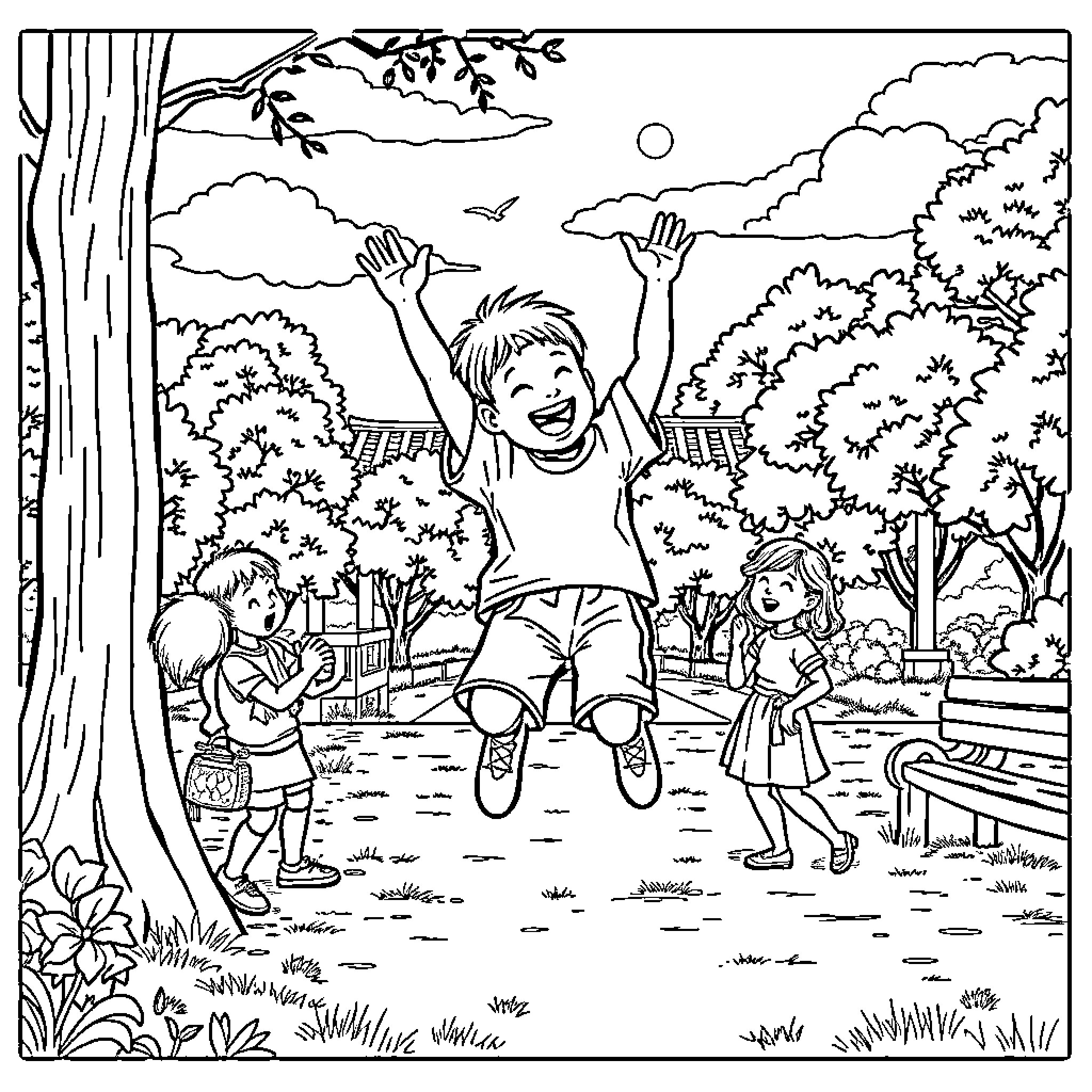 Kid joyfully playing outdoors with friends Coloring Page (free black-and-white line drawing printable PDF for all, from beginners to advanced learners, including children, teens, adults, and seniors)