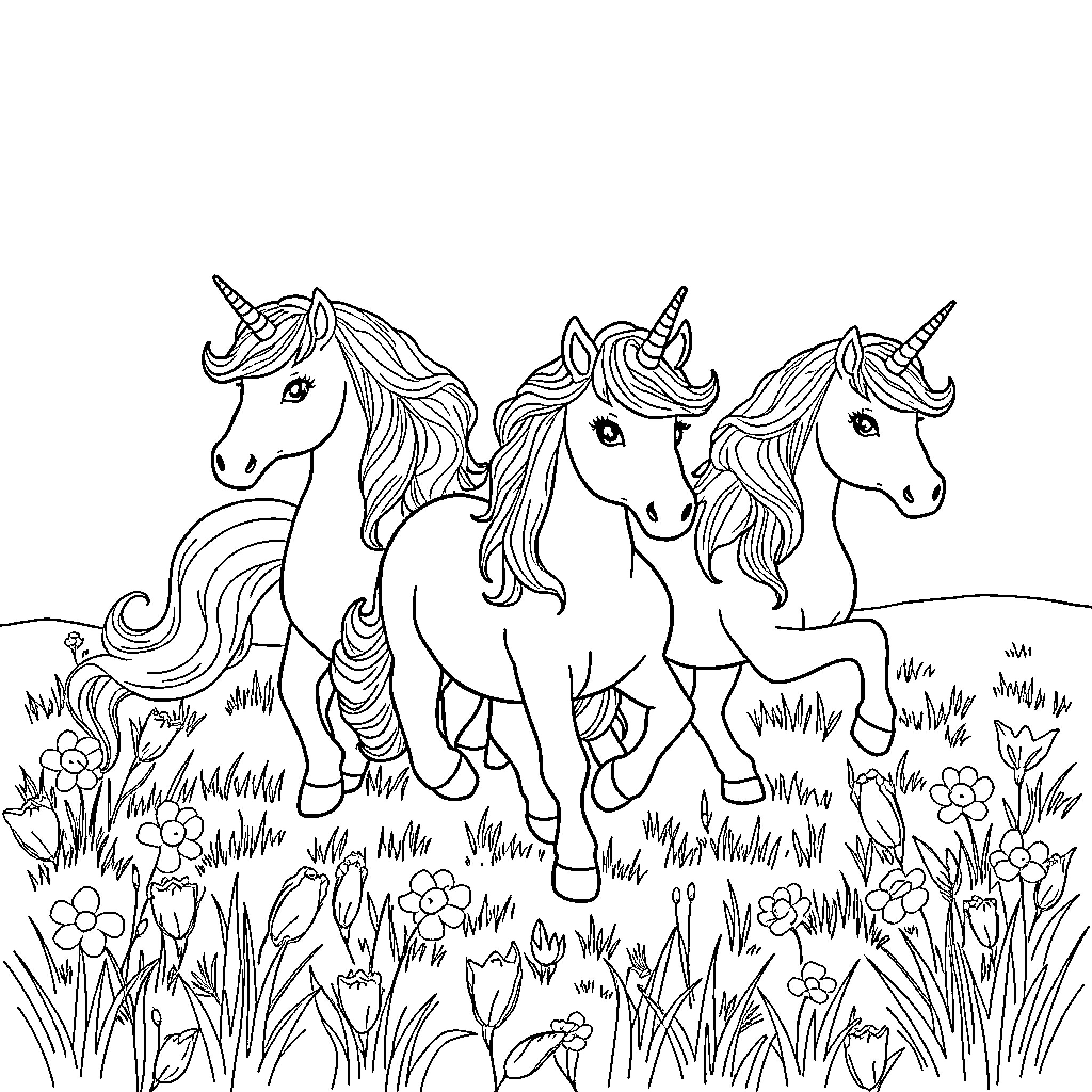 Unicorn Family Frolicking in Enchanted Garden Coloring Page (free black-and-white line drawing printable PDF for all, from beginners to advanced learners, including children, teens, adults, and seniors)