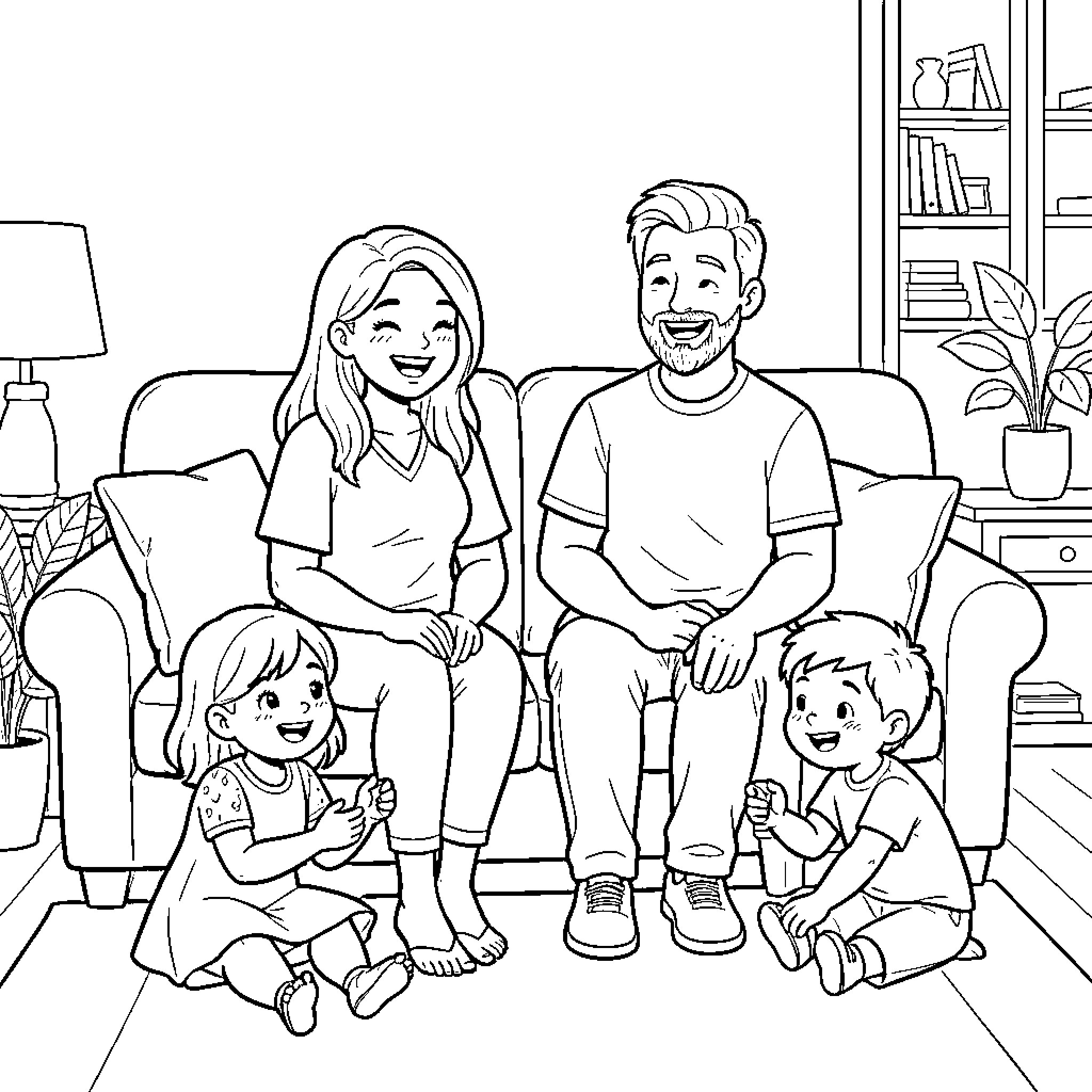 Family sitting together and smiling on a sofa Coloring Page (free black-and-white line drawing printable PDF for all, from beginners to advanced learners, including children, teens, adults, and seniors)