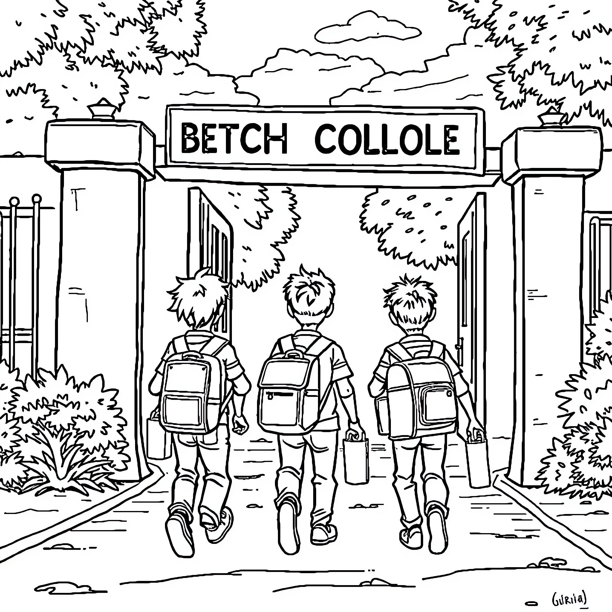 Boys walking through the school entrance Coloring Page (free black-and-white line drawing printable PDF for all, from beginners to advanced learners, including children, teens, adults, and seniors)