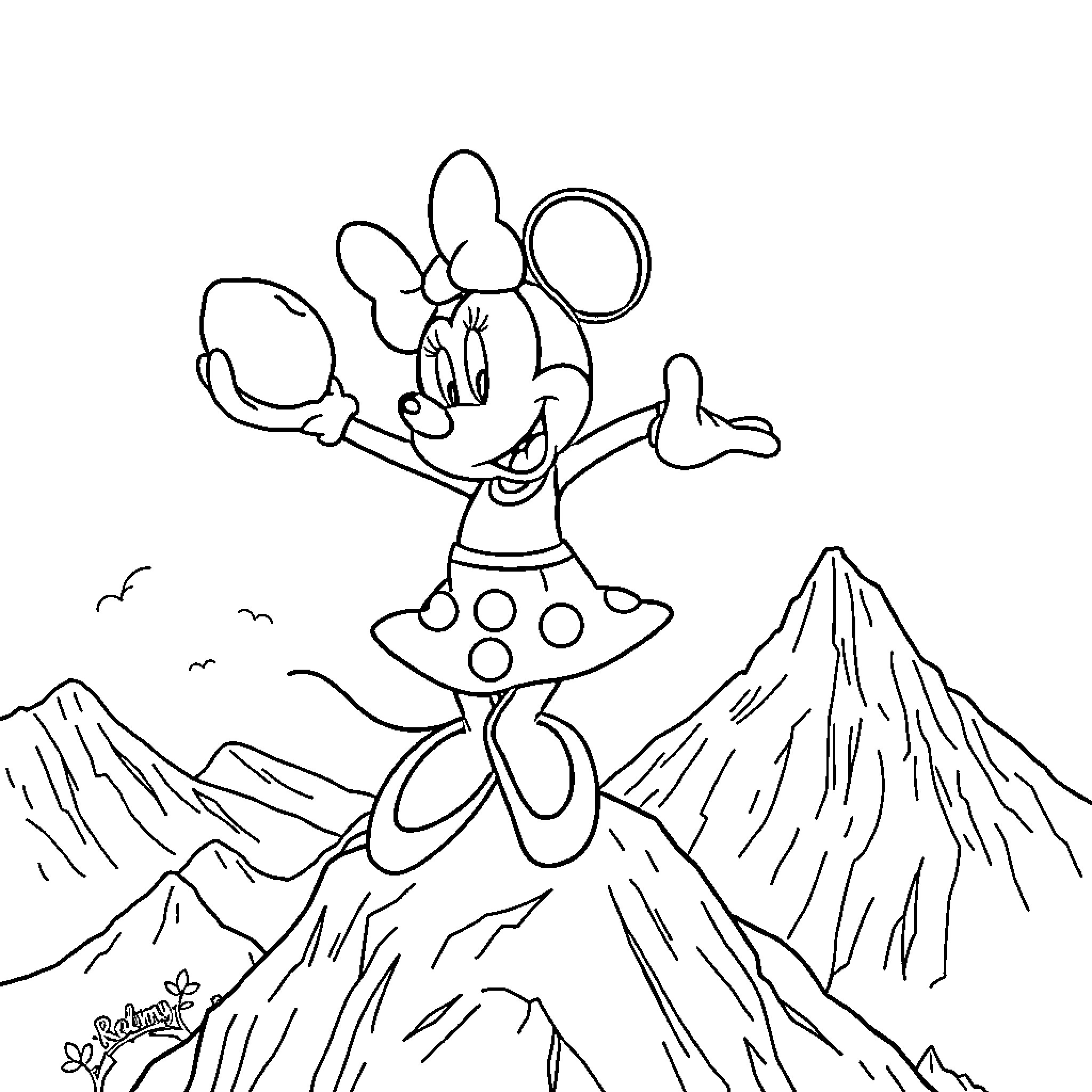 Minnie Mouse joyfully exploring scenic mountains Coloring Page (free black-and-white line drawing printable PDF for all, from beginners to advanced learners, including children, teens, adults, and seniors)