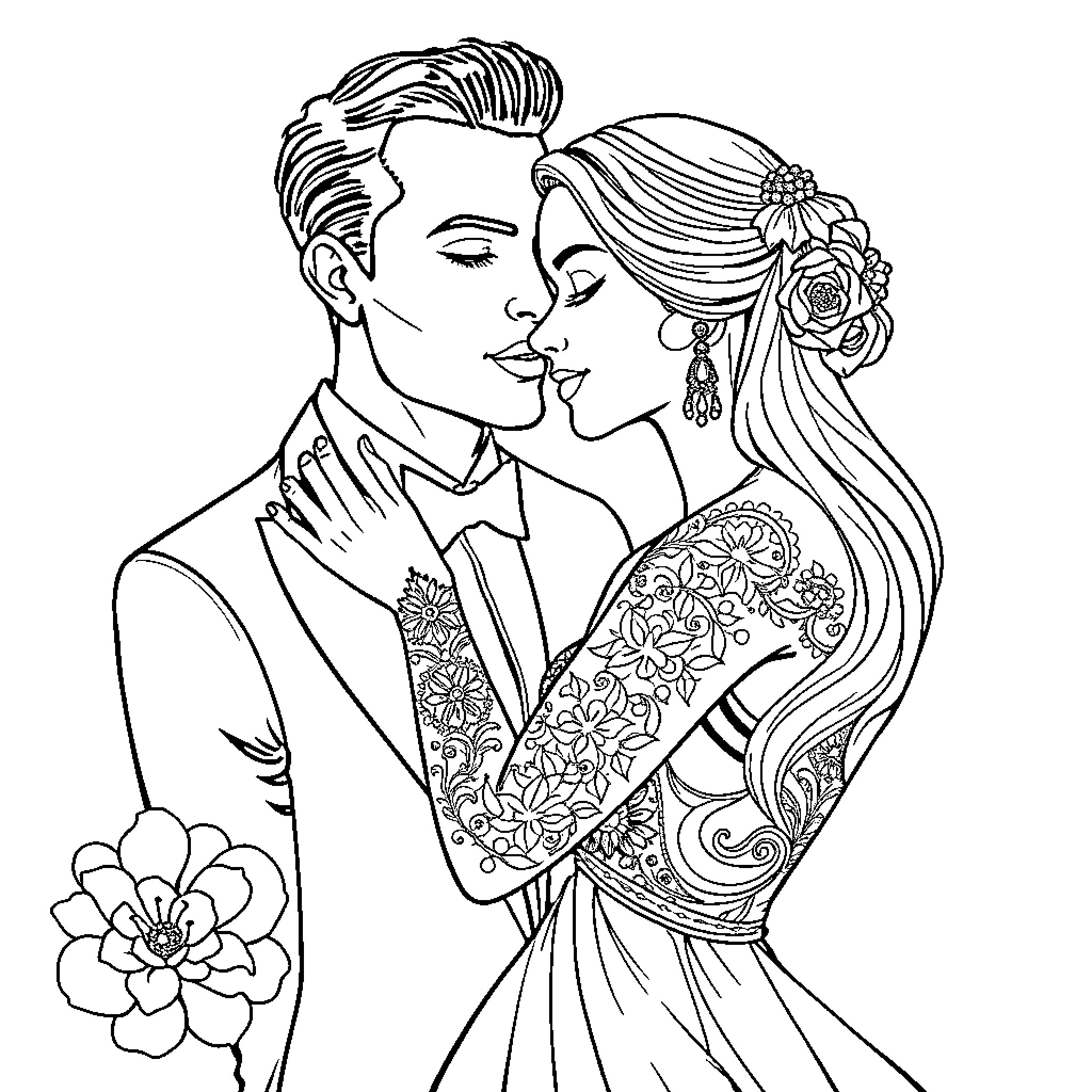 Wedding Ring Couple in Romantic Embrace Coloring Page (free black-and-white line drawing printable PDF for all, from beginners to advanced learners, including children, teens, adults, and seniors)