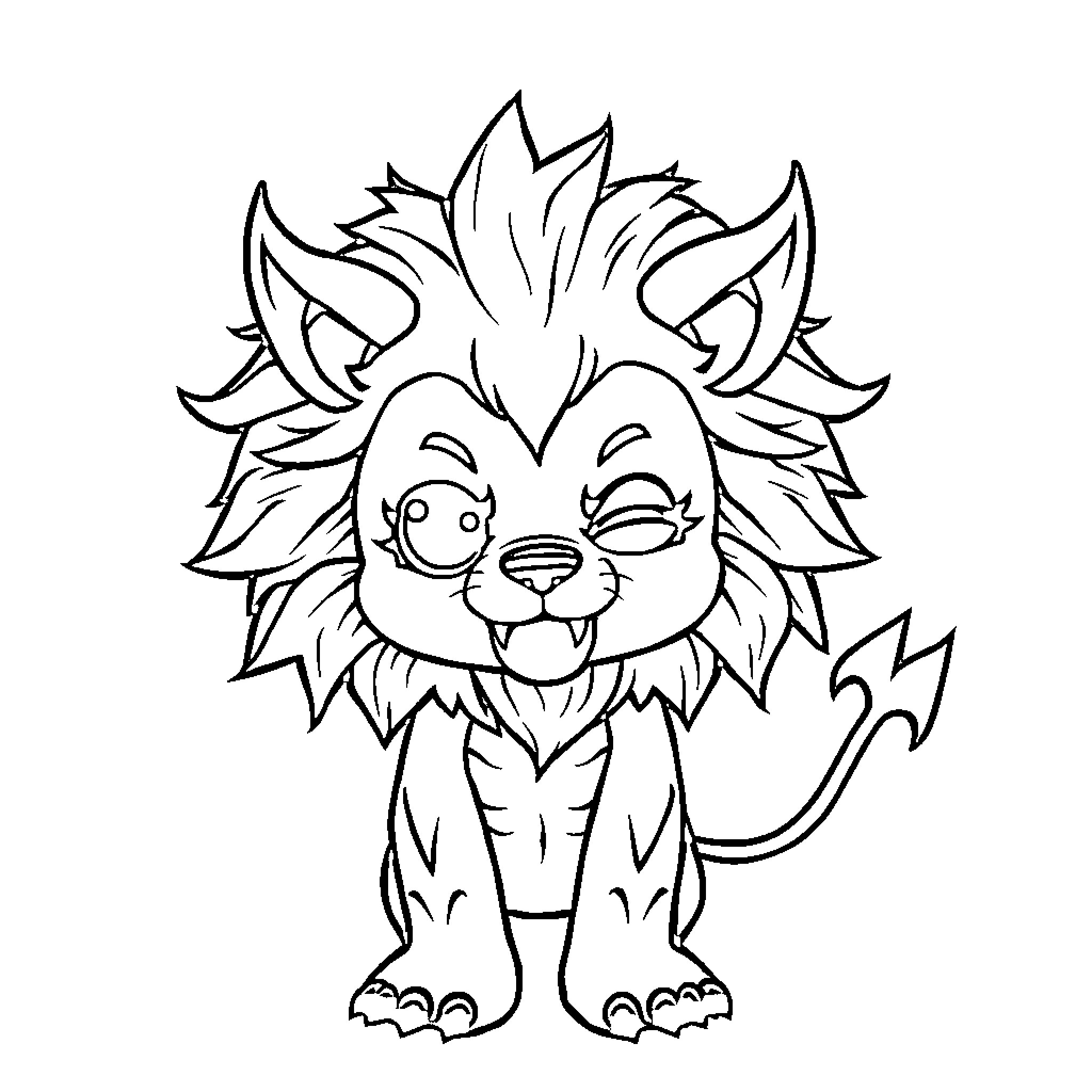 Lion expressing mischievous delight Coloring Page (free black-and-white line drawing printable PDF for all, from beginners to advanced learners, including children, teens, adults, and seniors)