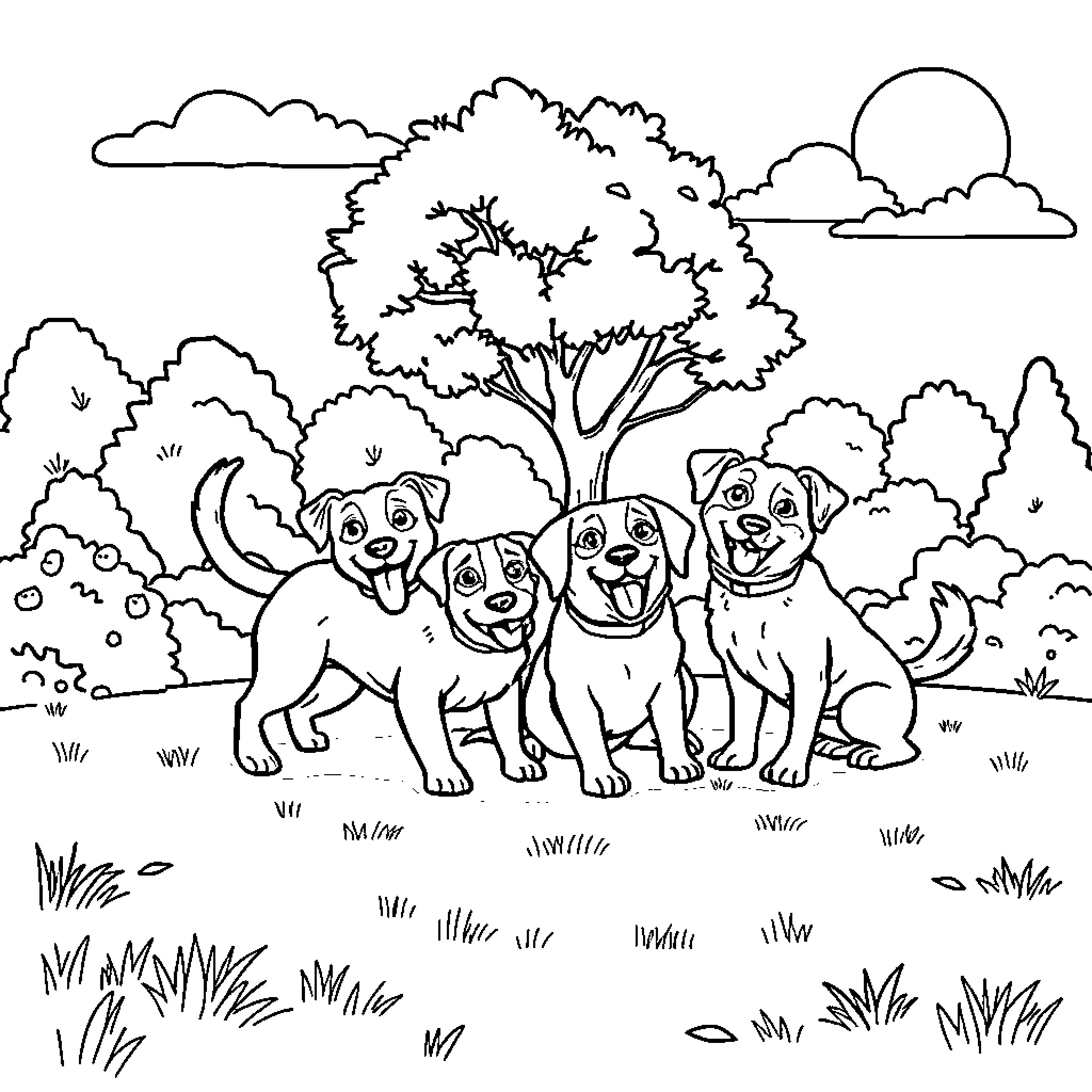 Dog Family Enjoying Outdoor Scenery Coloring Page (free black-and-white line drawing printable PDF for all, from beginners to advanced learners, including children, teens, adults, and seniors)