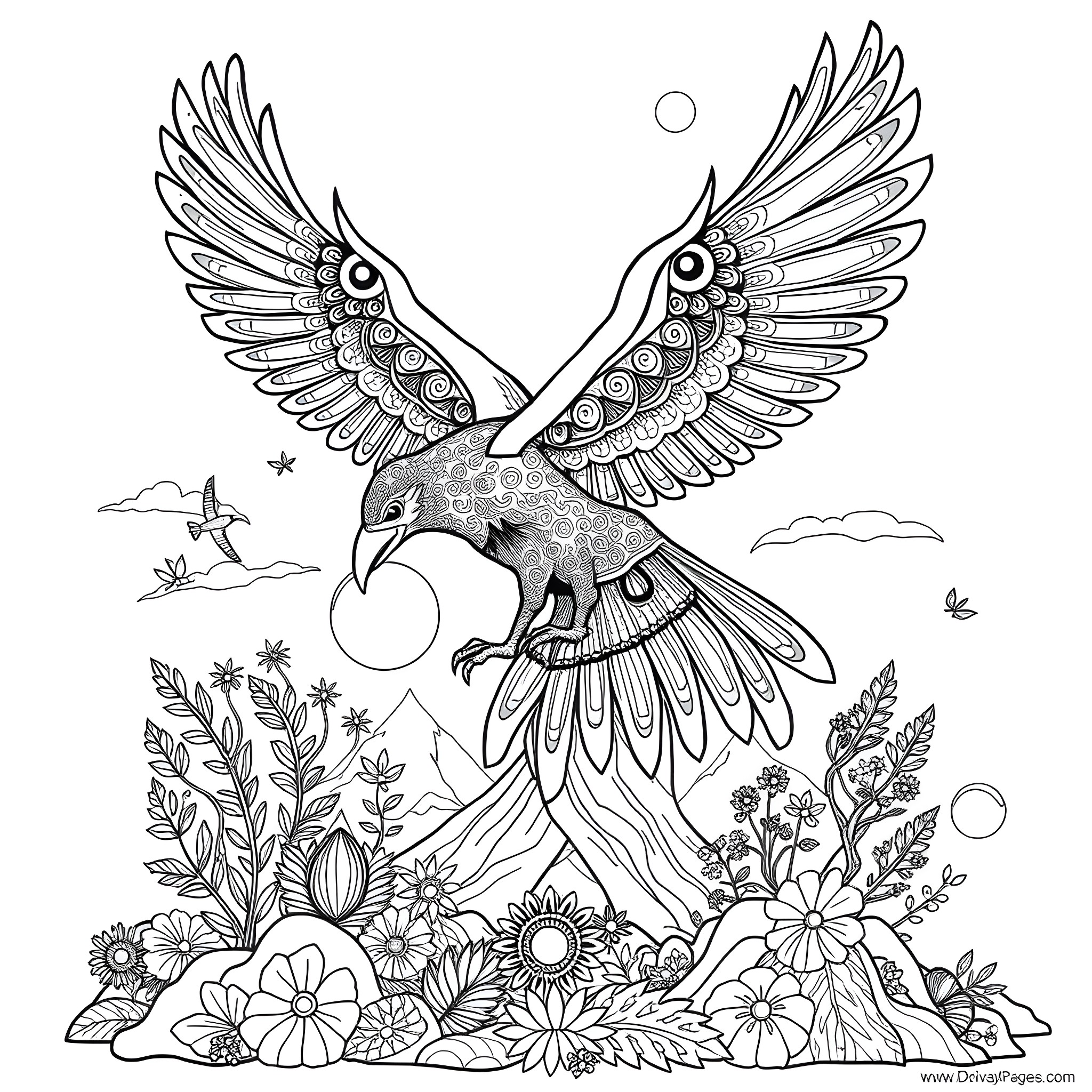 Thunderbird soaring above a vibrant floral landscape Coloring Page (free black-and-white line drawing printable PDF for all, from beginners to advanced learners, including children, teens, adults, and seniors)