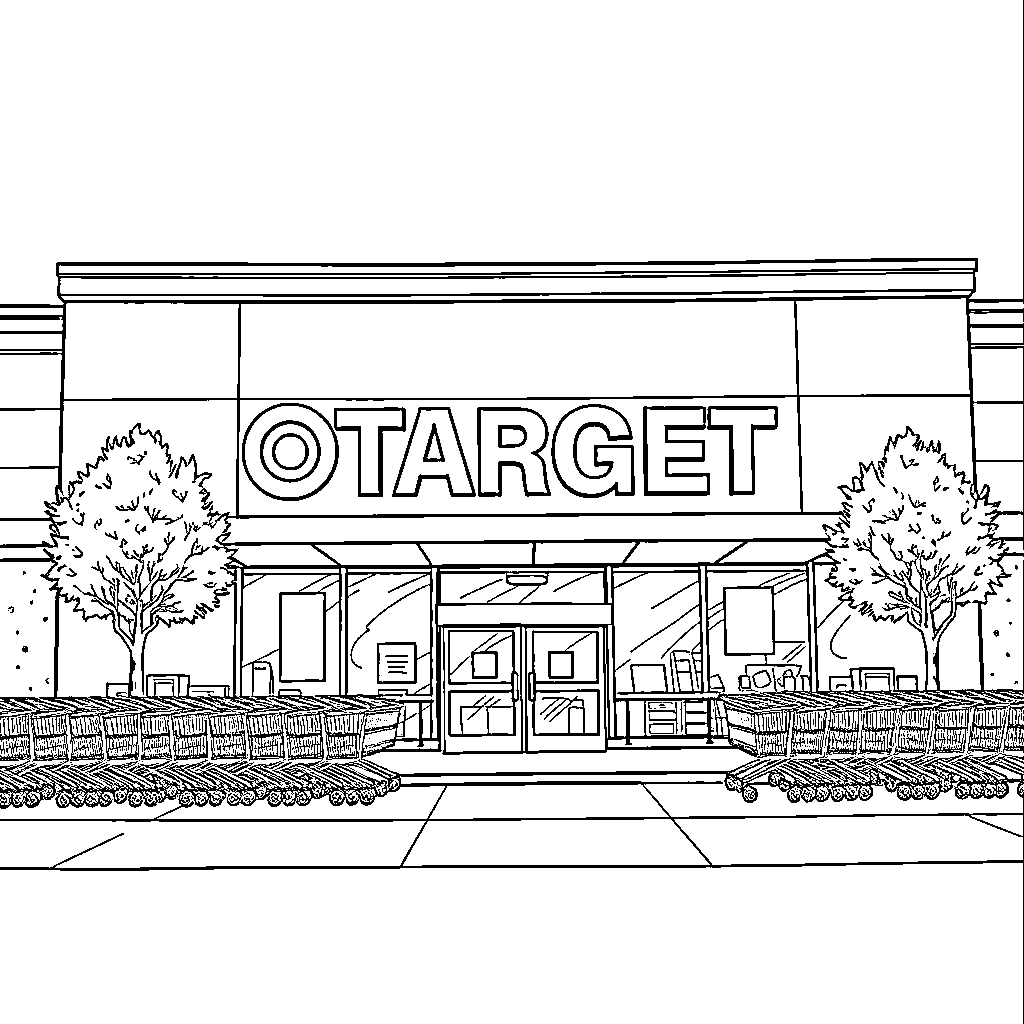 Target store exterior with signage Coloring Page (free black-and-white line drawing printable PDF for all, from beginners to advanced learners, including children, teens, adults, and seniors)