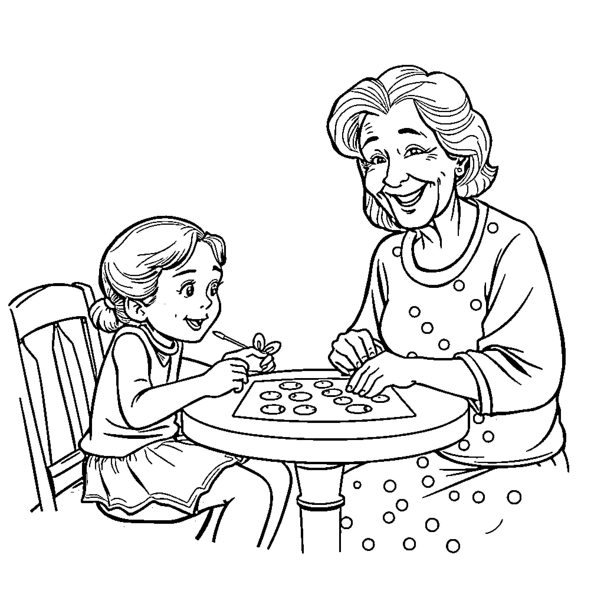 Girl sharing cookies with grandmother Coloring Page (free black-and-white line drawing printable PDF for all, from beginners to advanced learners, including children, teens, adults, and seniors)