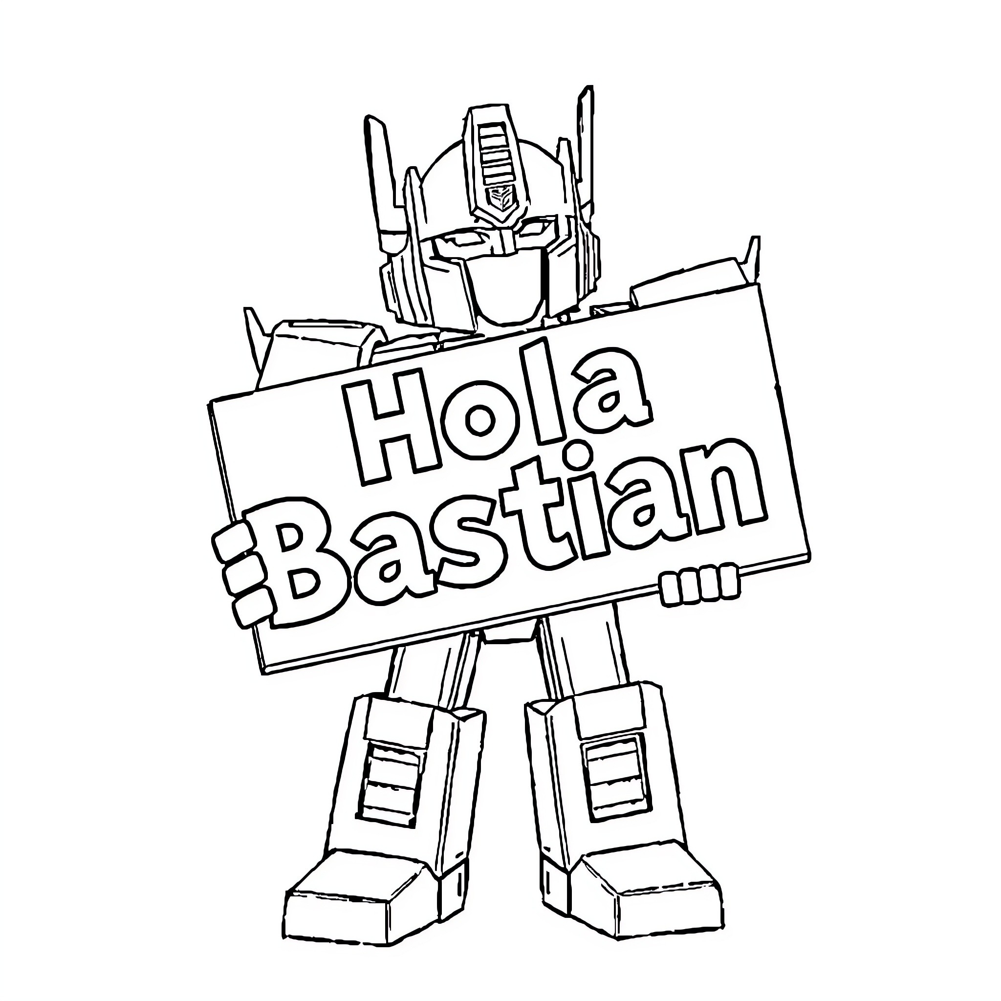 Optimus Prime Greeting Fans with 'Hola Bastian' Sign Coloring Page (free black-and-white line drawing printable PDF for all, from beginners to advanced learners, including children, teens, adults, and seniors)