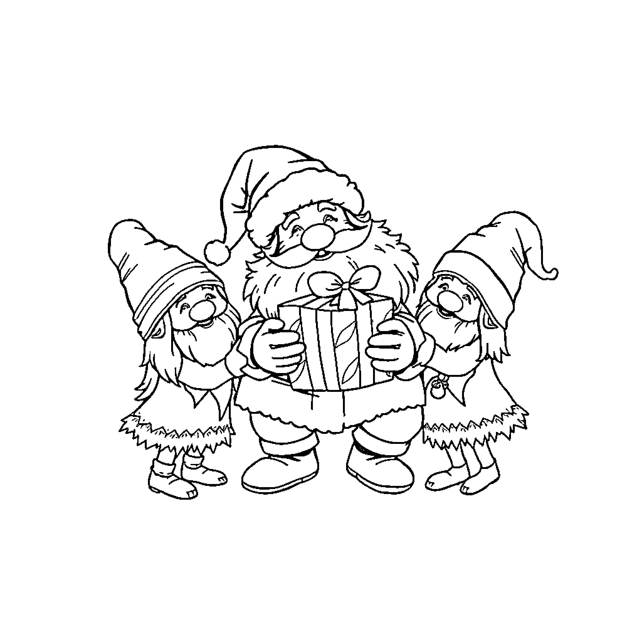 Gnomes celebrating with gift box Coloring Page (free black-and-white line drawing printable PDF for all, from beginners to advanced learners, including children, teens, adults, and seniors)