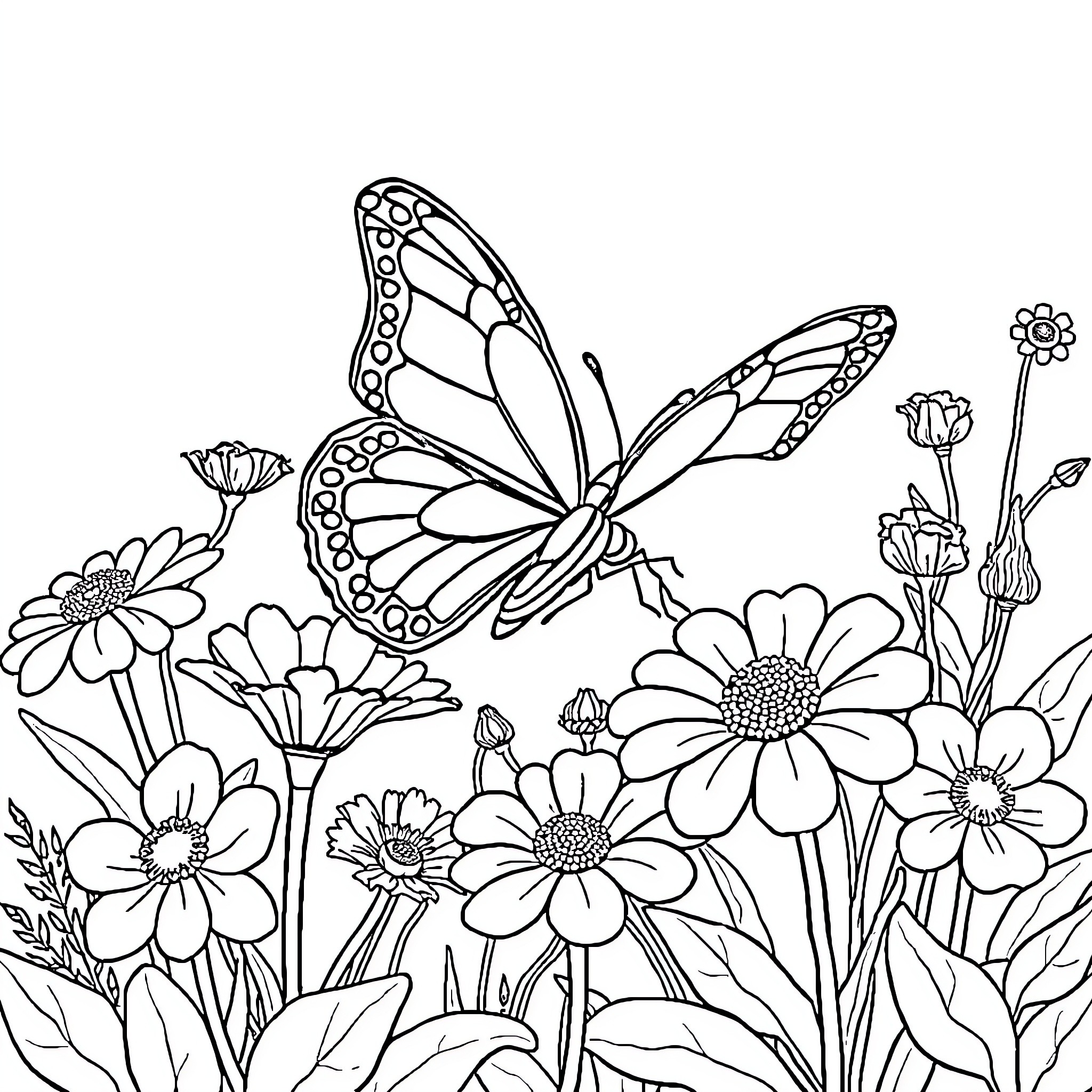 Butterfly dancing among vibrant flowers Coloring Page (free black-and-white line drawing printable PDF for all, from beginners to advanced learners, including children, teens, adults, and seniors)
