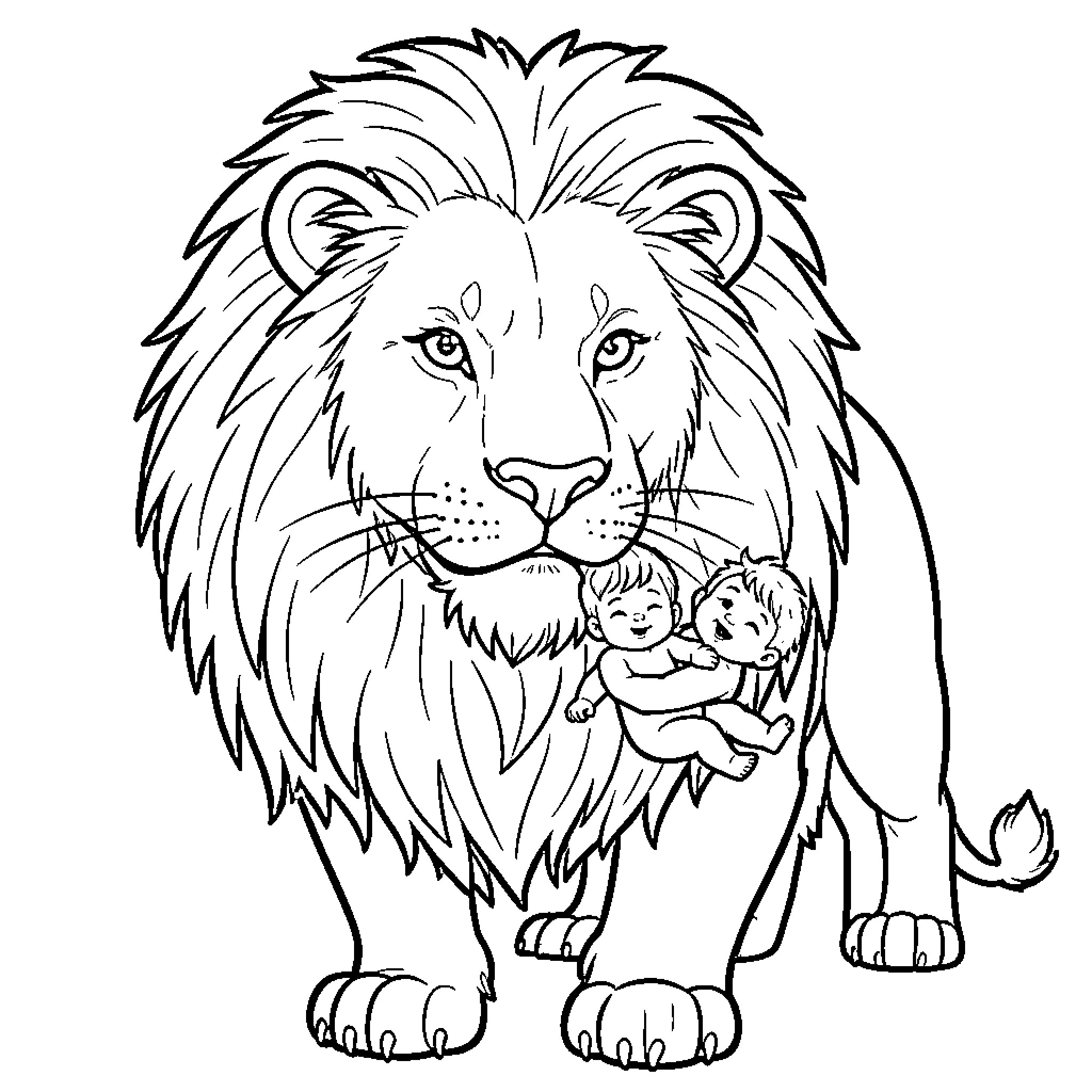 Lion protectively holding figurines in its paws Coloring Page (free black-and-white line drawing printable PDF for all, from beginners to advanced learners, including children, teens, adults, and seniors)