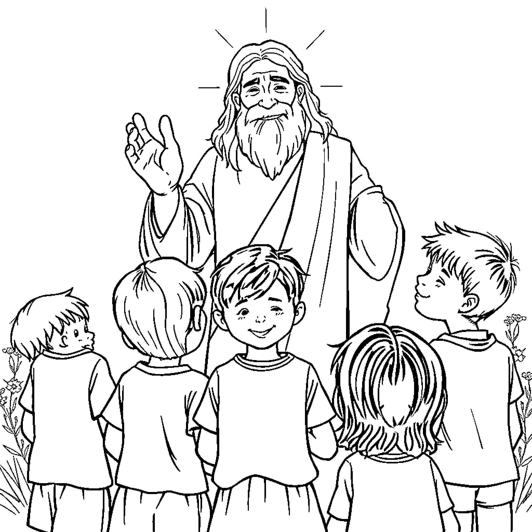 God Blesses the Joyful Children Coloring Page (free black-and-white line drawing printable PDF for all, from beginners to advanced learners, including children, teens, adults, and seniors)