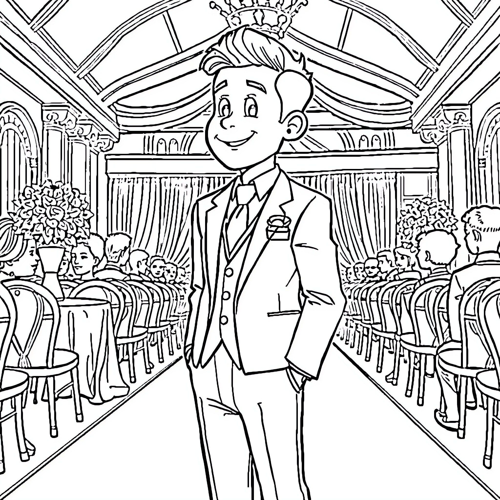 Diluc in a formal event Coloring Page (free black-and-white line drawing printable PDF for all, from beginners to advanced learners, including children, teens, adults, and seniors)