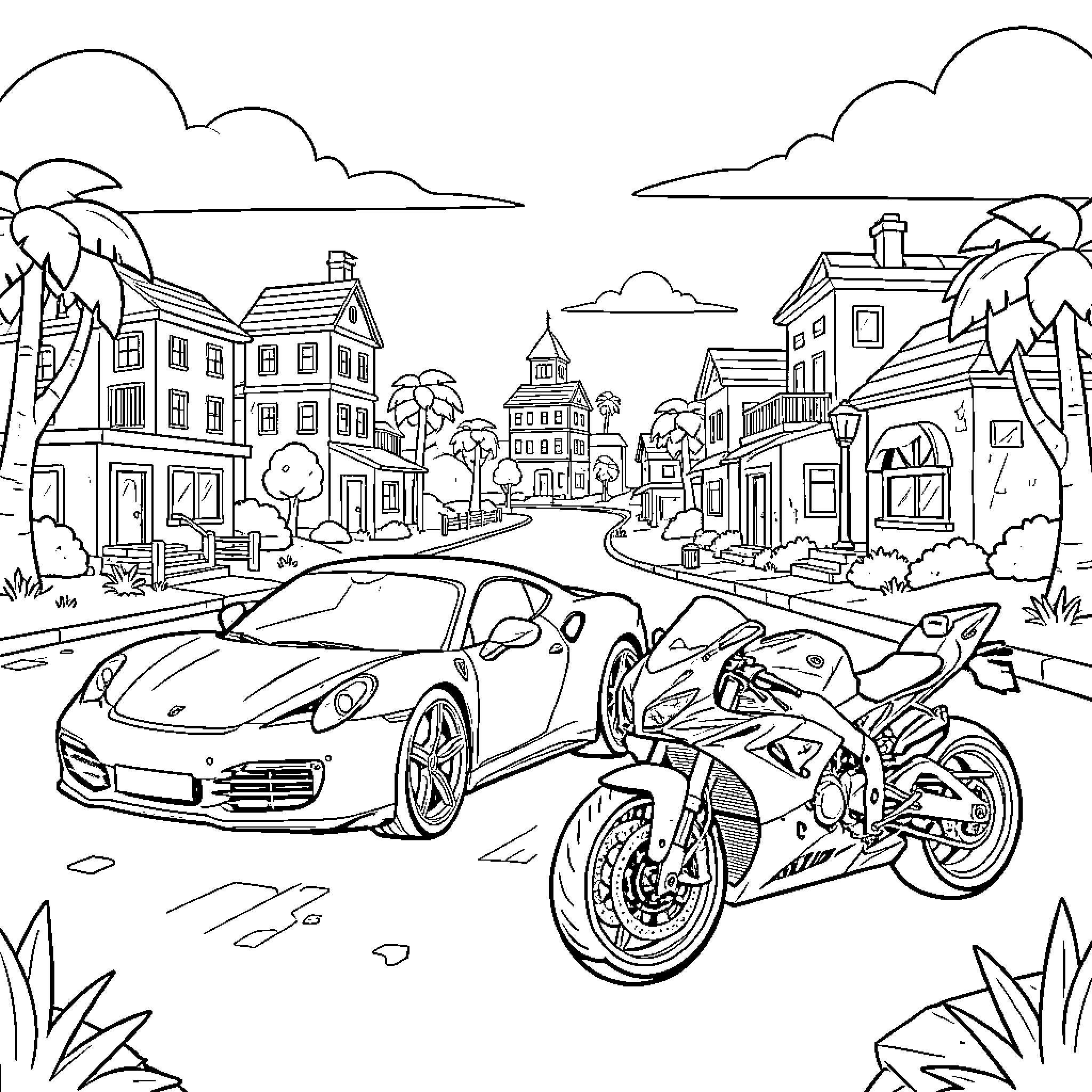Porsche car parked next to a sleek motorcycle Coloring Page (free black-and-white line drawing printable PDF for all, from beginners to advanced learners, including children, teens, adults, and seniors)