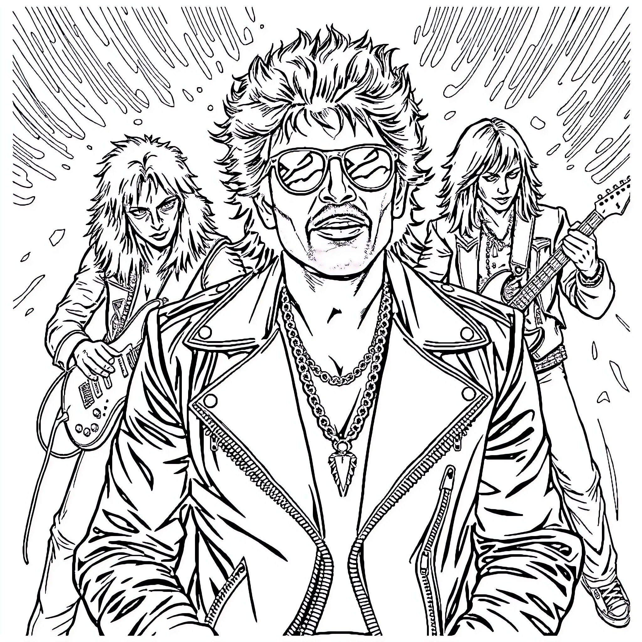 George Michael and his Rock Band Rocking the Stage Coloring Page (free black-and-white line drawing printable PDF for all, from beginners to advanced learners, including children, teens, adults, and seniors)
