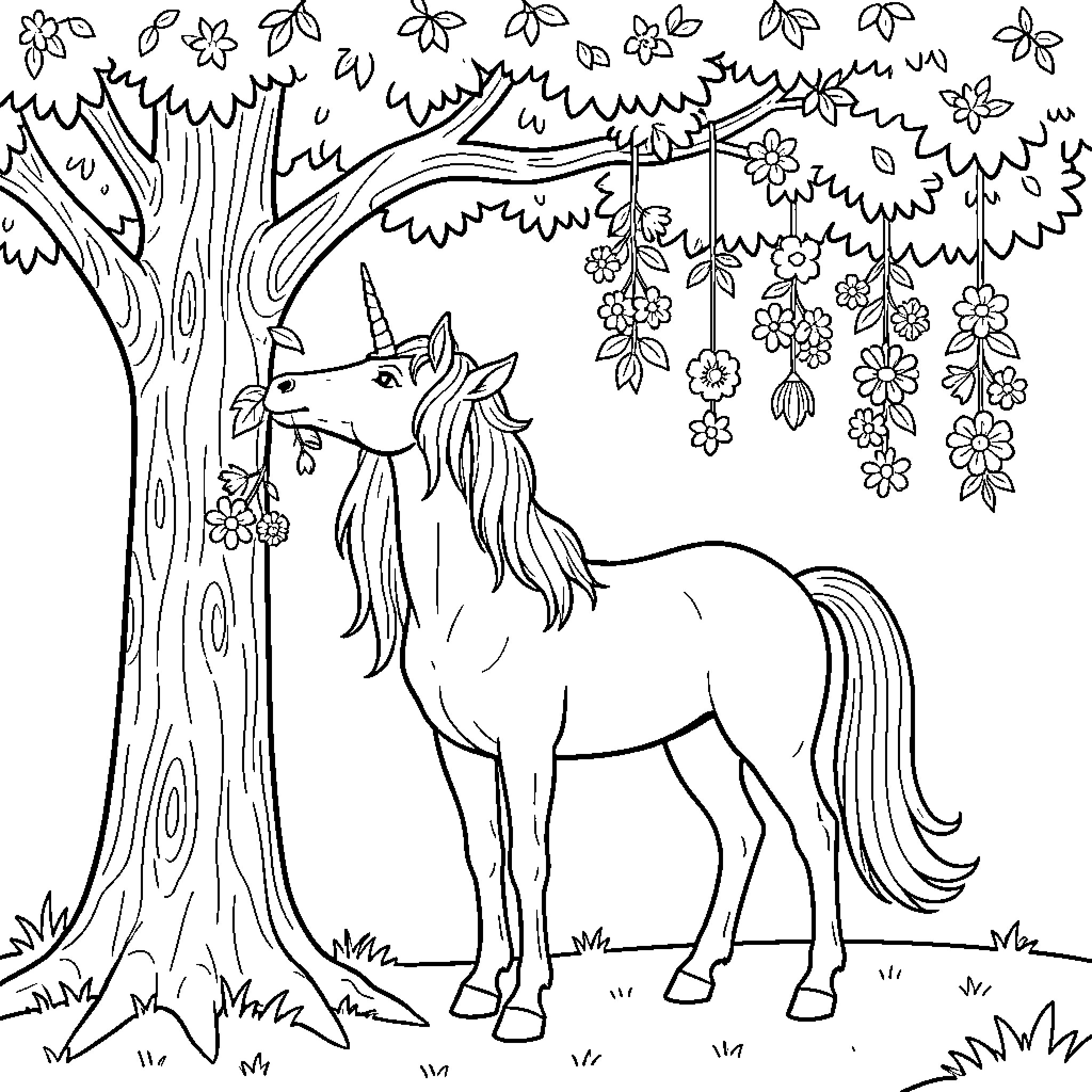 Unicorn Exploring Enchanted Floral Forest Coloring Page (free black-and-white line drawing printable PDF for all, from beginners to advanced learners, including children, teens, adults, and seniors)